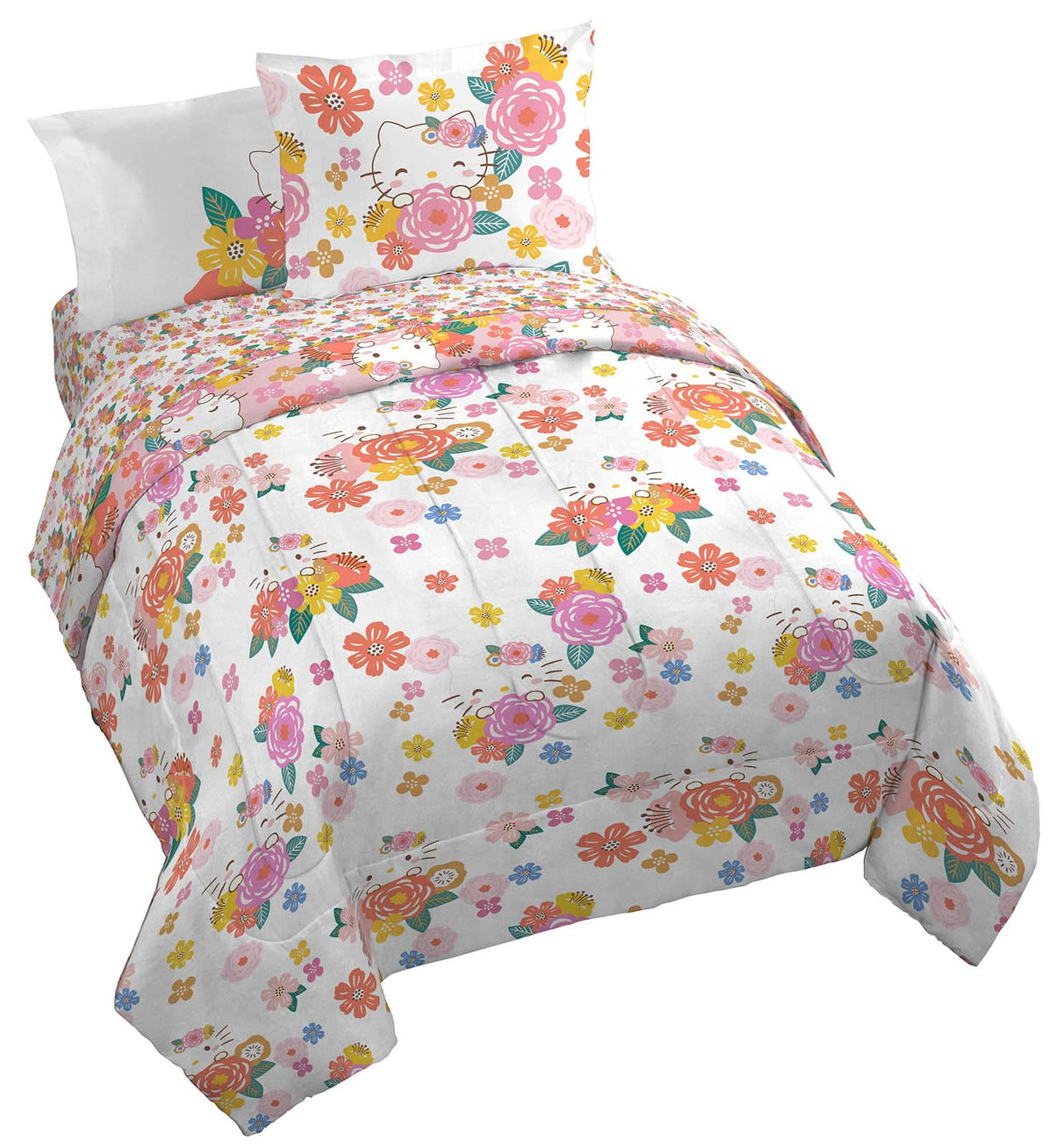 Jay Franco Hello Kitty Queen Size Comforter Set - 7 Piece Bedding Includes Sheet Set & Pillow Covers - Super Soft Floral Bedding