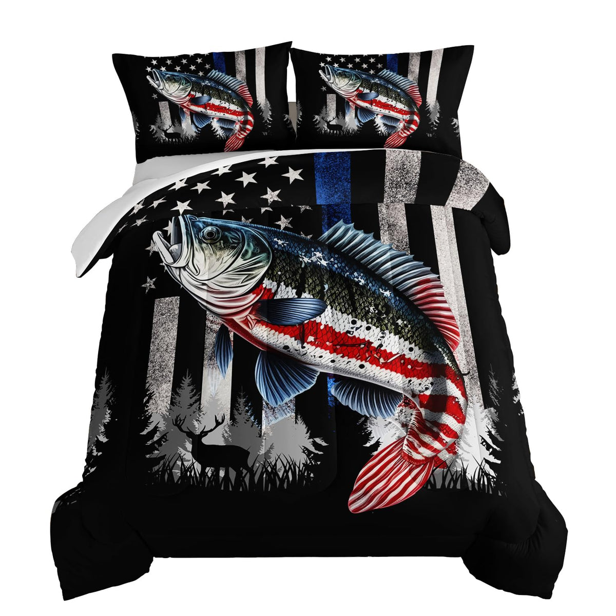 Hosima Snowy Forest Deer Comforter Set With 2 Pillowcases,Camo American Flag Queen Comforter Set Hunting Bedding For Teen Mens B
