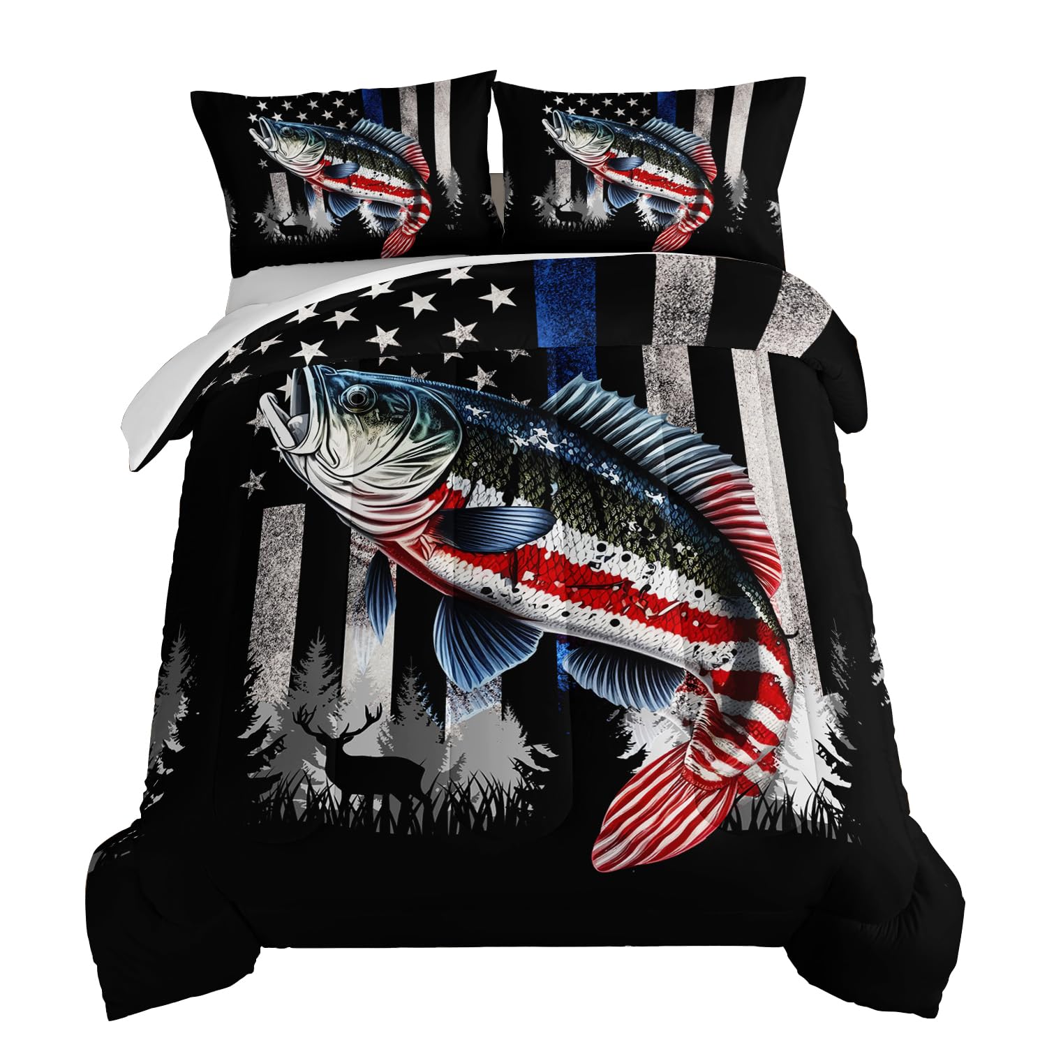 Hosima Soft Microfiber Black Twin Comforter With 2 Pillowcases,American Flag Striped Bass Pattern Twin Bedding Sets,Fishing Comf