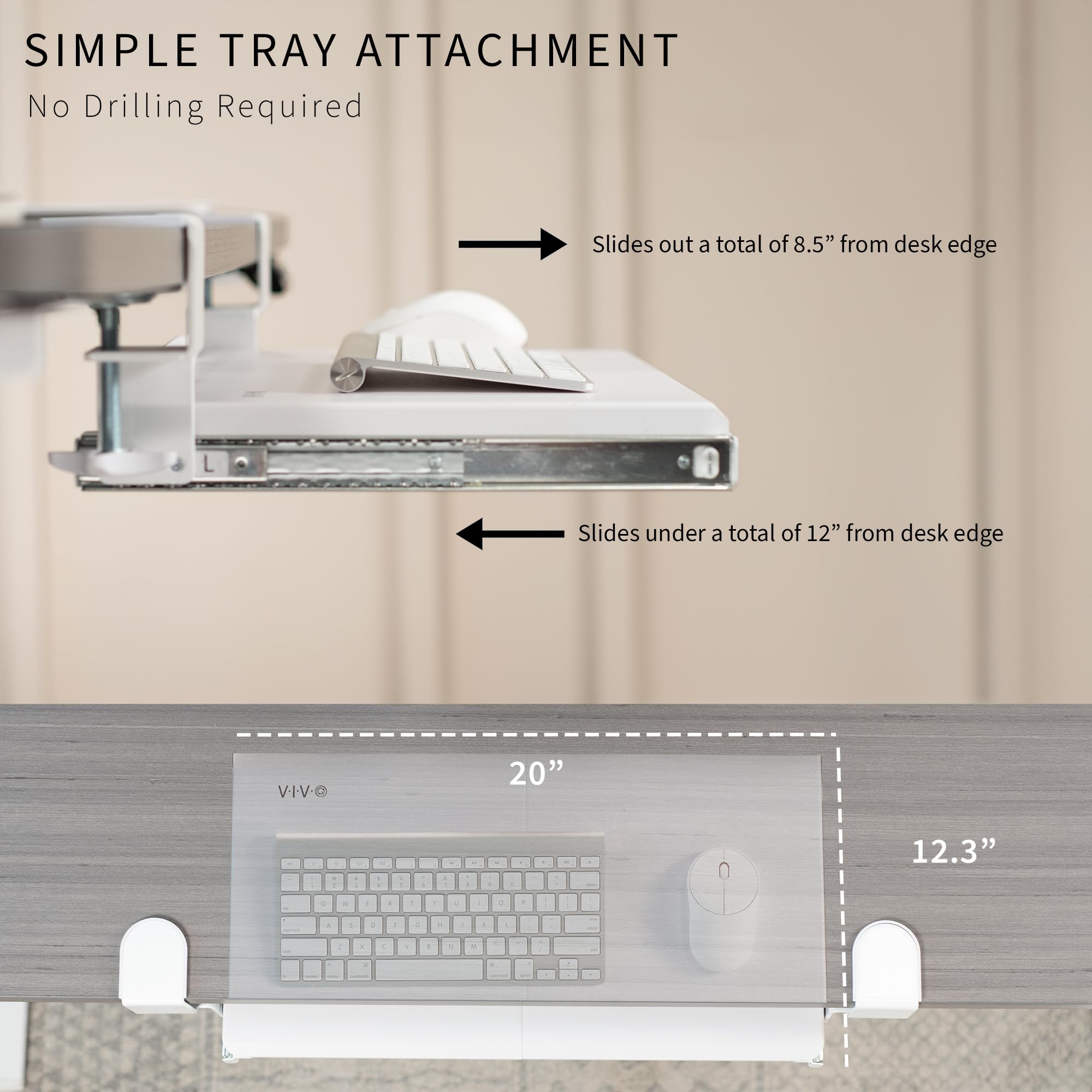 Vivo Small Clamp-On Computer Keyboard And Mouse Under Desk Slider Tray, 20 X 11 Inch Pull Out Platform Drawer, White, Mount-Kb05