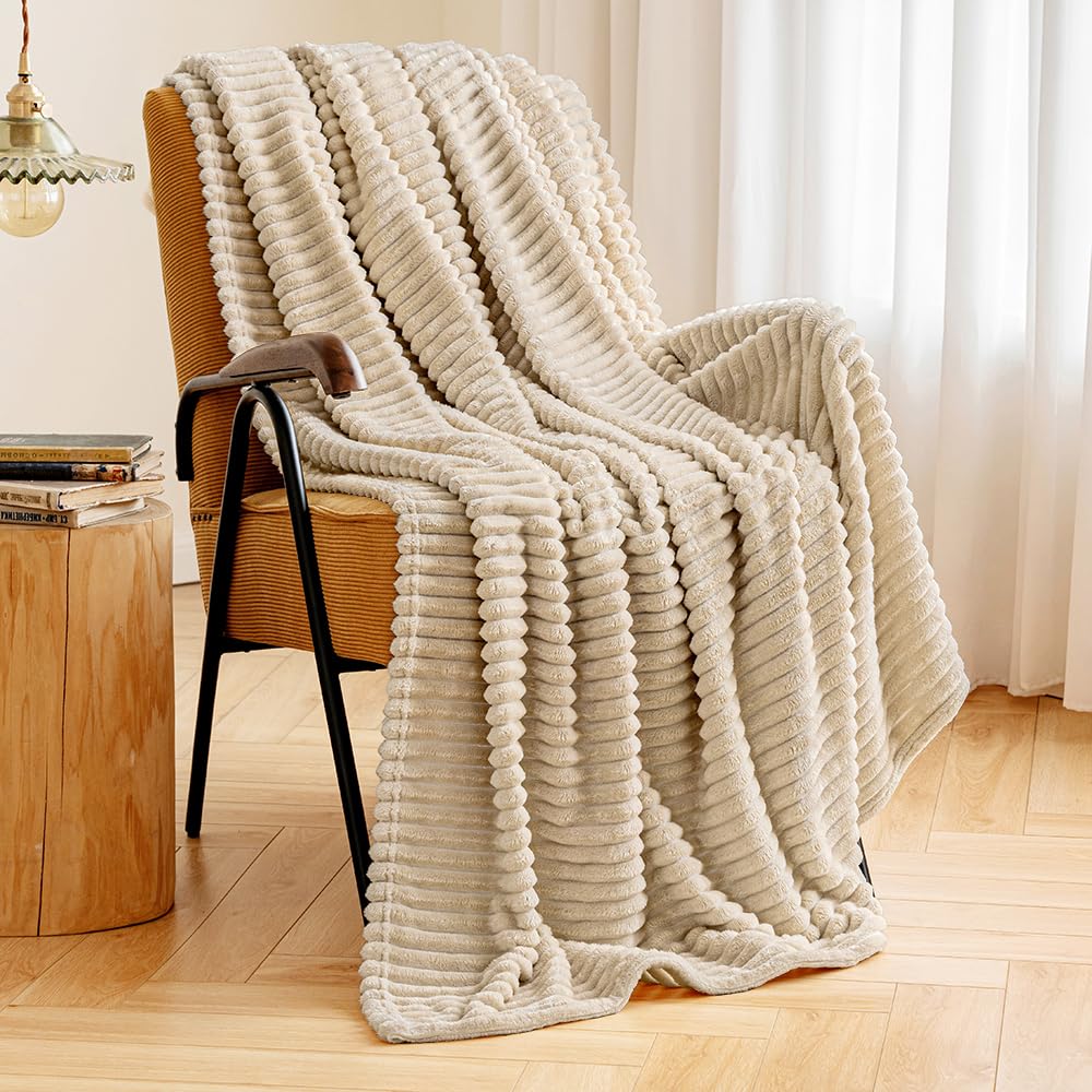 Miulee Beige Throw Blanket 3D Ribbed Jacquard Fleece Flannel Velvet Plush Decorative Bed Blanket (Throw, 50' X 70') - Super Soft, Lightweight, Warm And Cozy For Couch Sofa