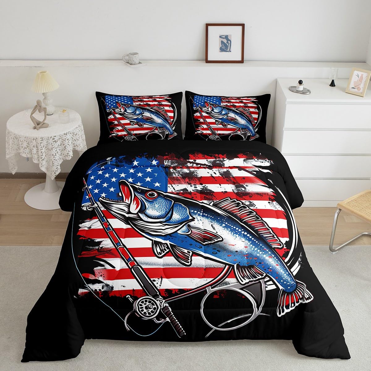 American Flag Comforter Set Farmhouse Fishing Bedding Set For Kids Boys Girls Teens Room Wild Fish Decor Comforter Red Blue Stri