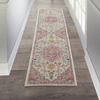 HomeRoots Ivory/Pink 100% Polypropylene 2’ x 8’ Ivory and Pink Medallion Scatter Rug