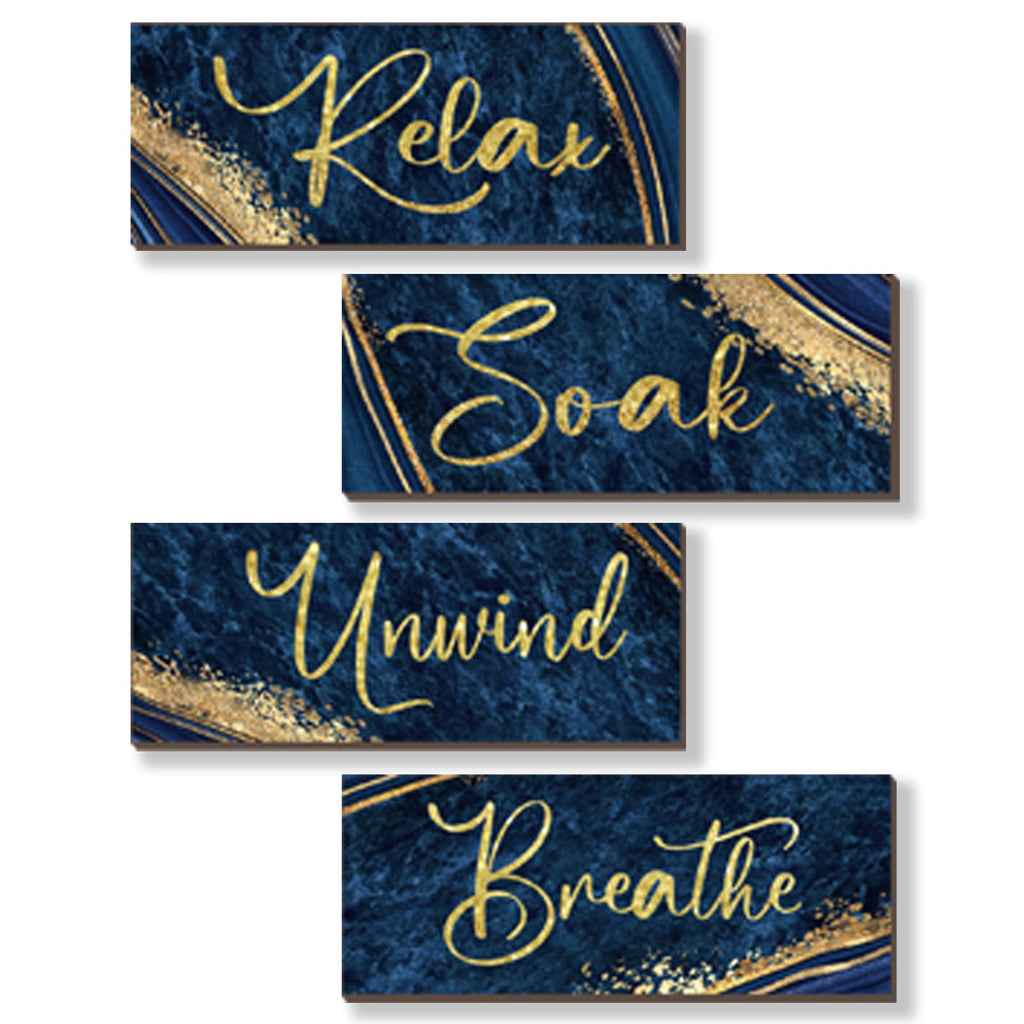 ONIZHITY 4 Pcs Blue and Gold Bathroom Decor Navy Blue Gold Wall Decor Relax Soak Unwind Breathe Wooden Rustic Marble Style Versa