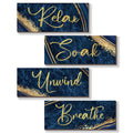 ONIZHITY 4 Pcs Blue and Gold Bathroom Decor Navy Blue Gold Wall Decor Relax Soak Unwind Breathe Wooden Rustic Marble Style Versa