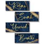 ONIZHITY 4 Pcs Blue and Gold Bathroom Decor Navy Blue Gold Wall Decor Relax Soak Unwind Breathe Wooden Rustic Marble Style Versa