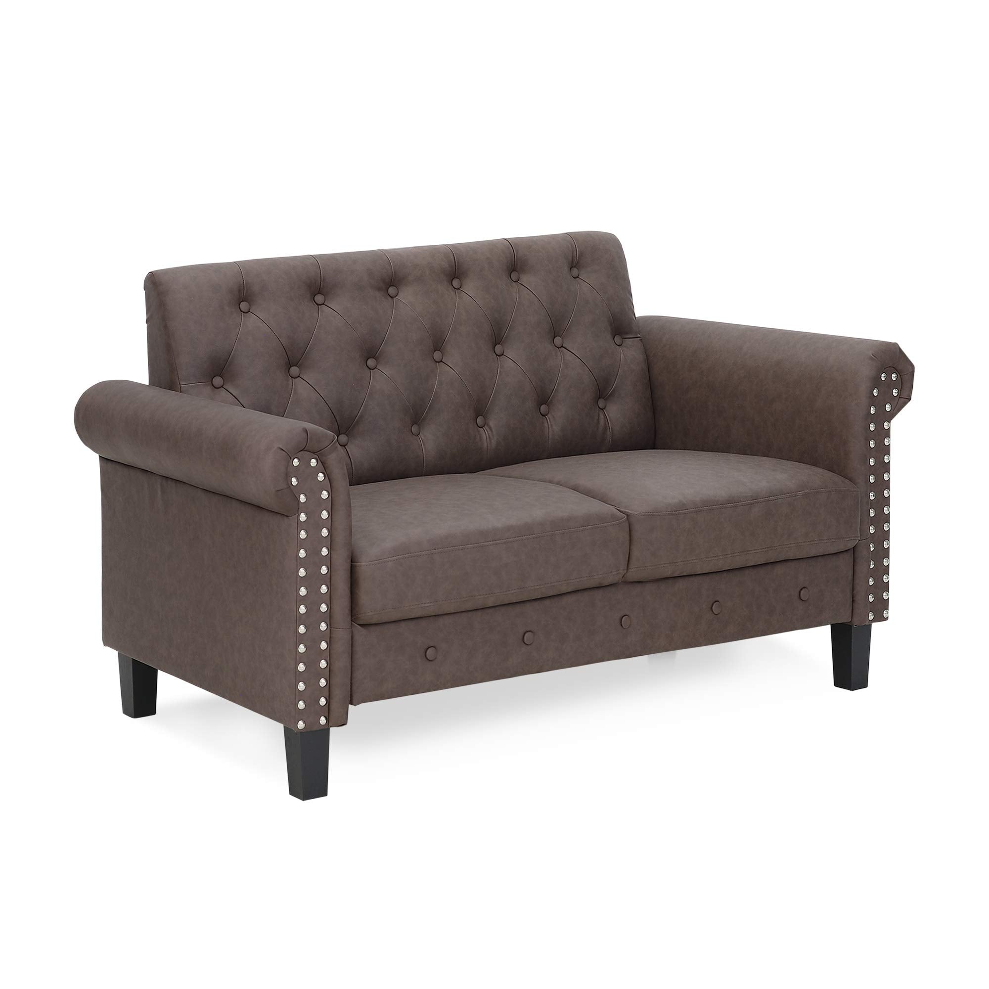 Furinno Bastia Vintage Modern Chesterfield Button Tufted Loveseat/Sofa Couch For Living Room, Brown Faux Leather