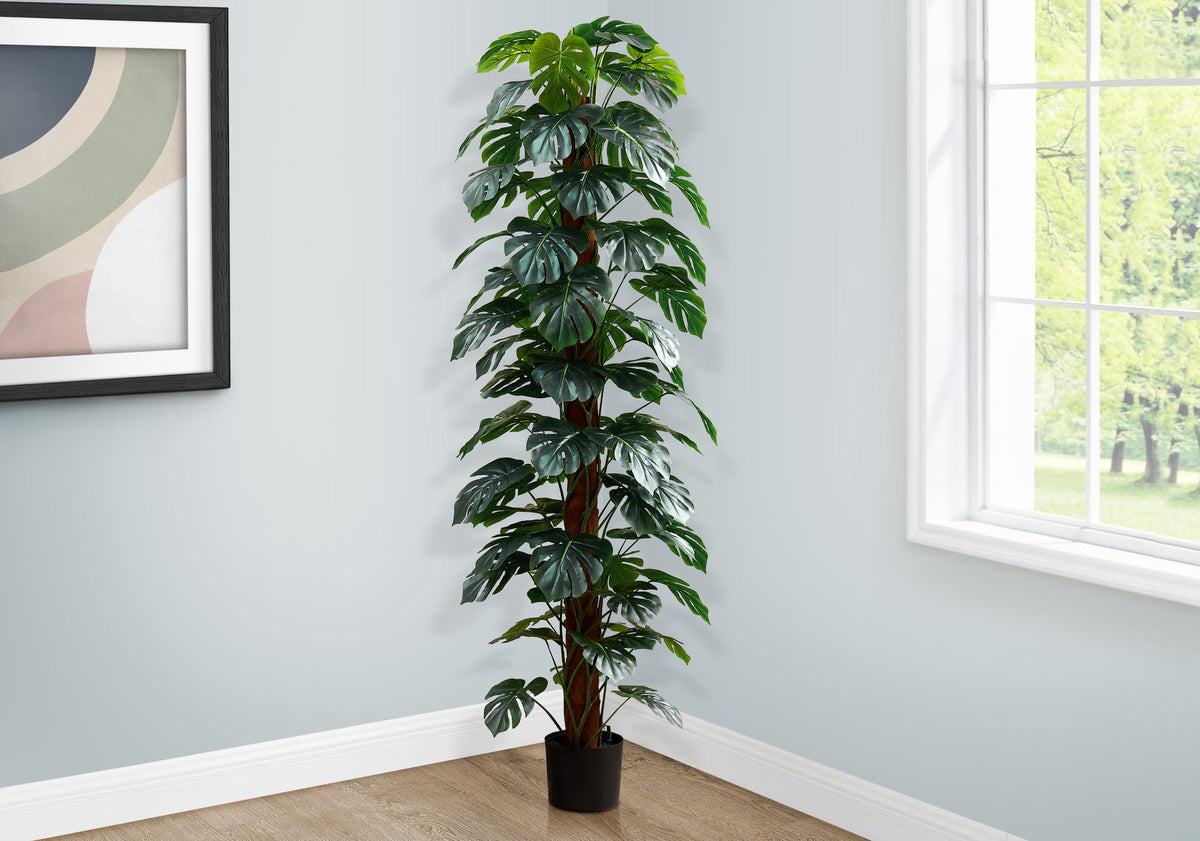 Monarch Specialties I 9521 Artificial Plant, 83&quot; Tall, Monstera Tree, Floor, Indoor, Decorative, Green Leaves, Black Pot