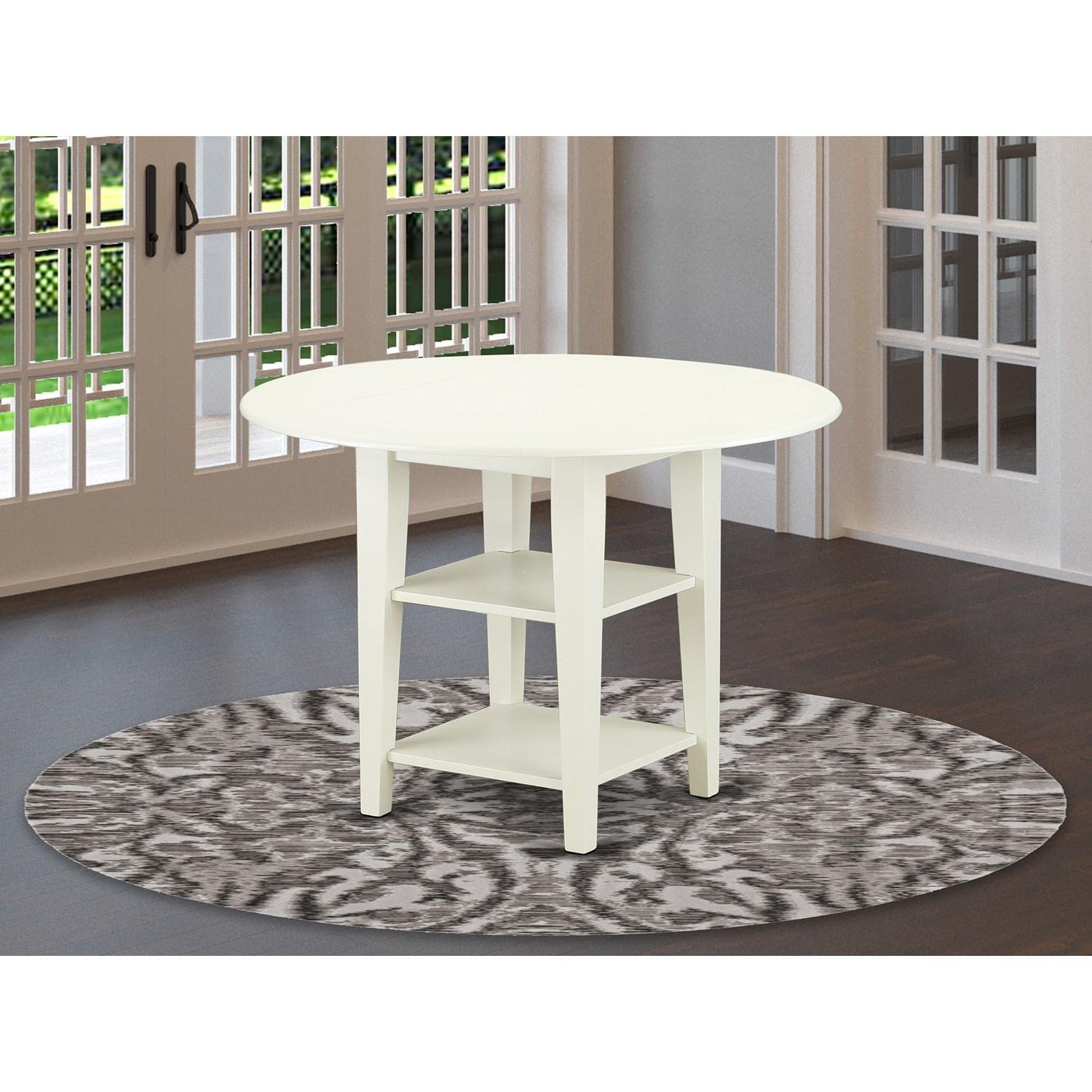 East West Furniture Suva3-Lwh-W 3 Piece Set For Small Spaces Contains A Round Dining Room Table With Dropleaf & Shelves And 2 Wood Seat Chairs, 42X42 Inch, Linen White