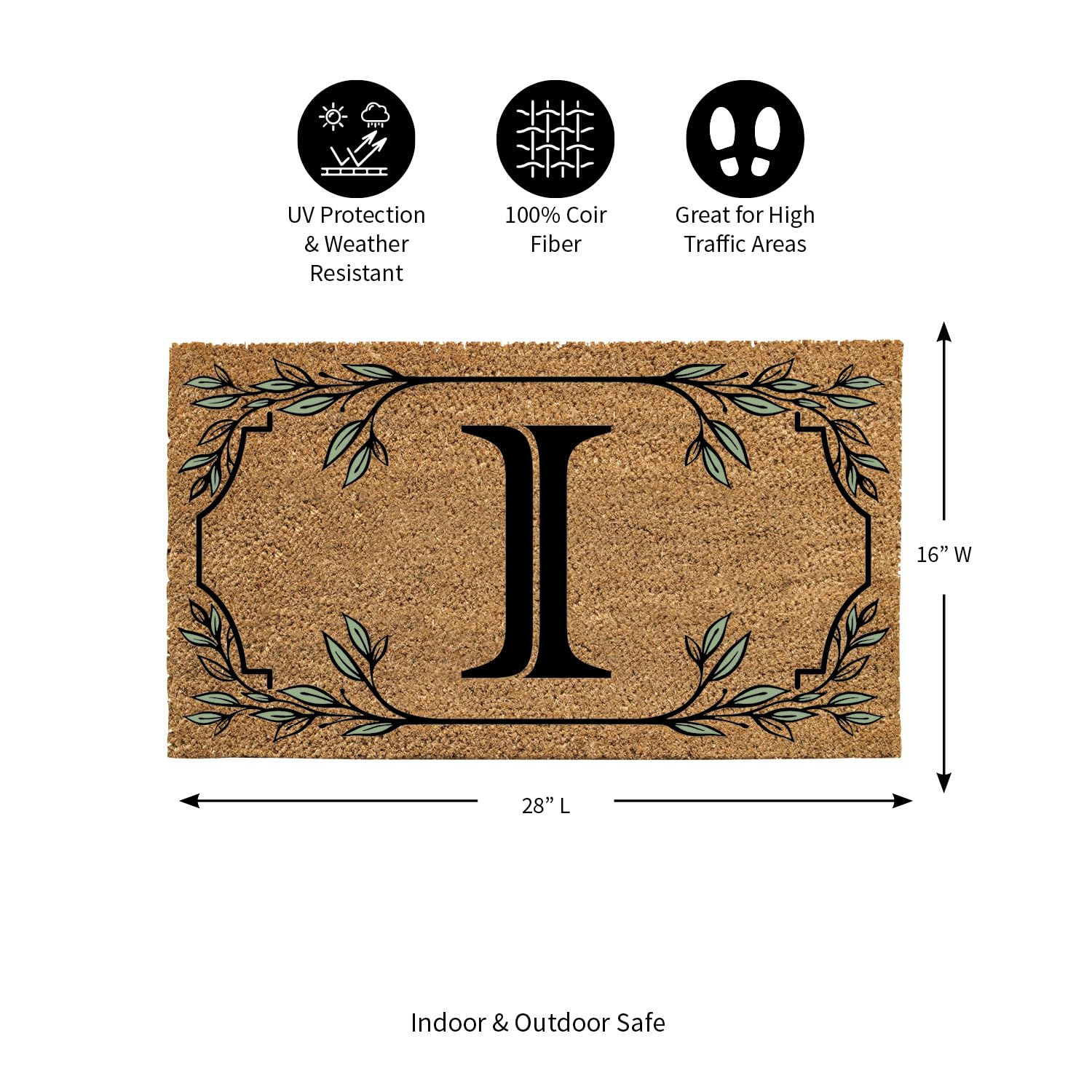 Evergreen Monogram Coir Doormat | Letter I | Front Door Mat For Outdoor Indoor Entrance | 28X16 Inches | Non-Slip Backing Doorwa