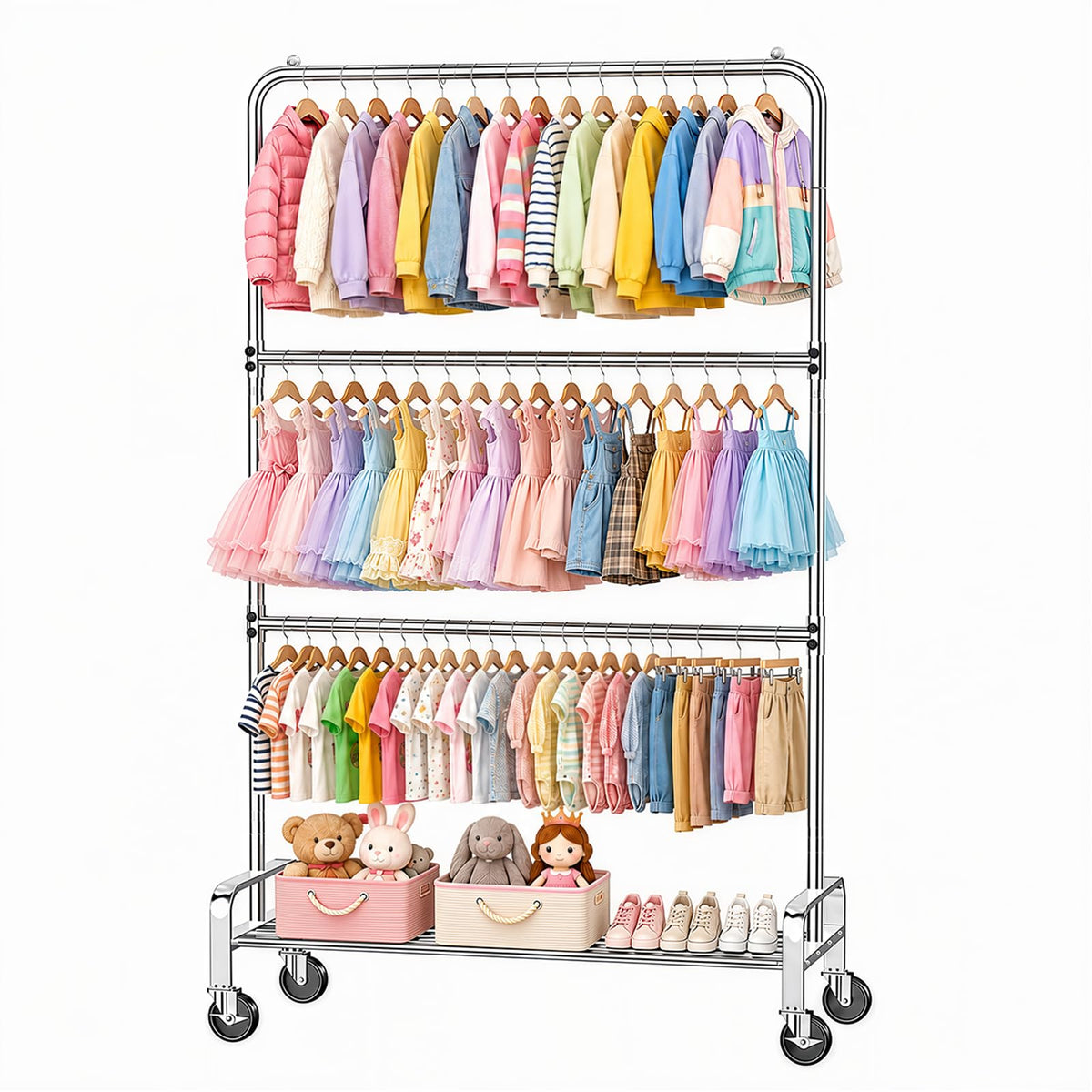 Heavy Duty Kids Clothing Rack Rolling Large Storage Capacity Dress Up Rack