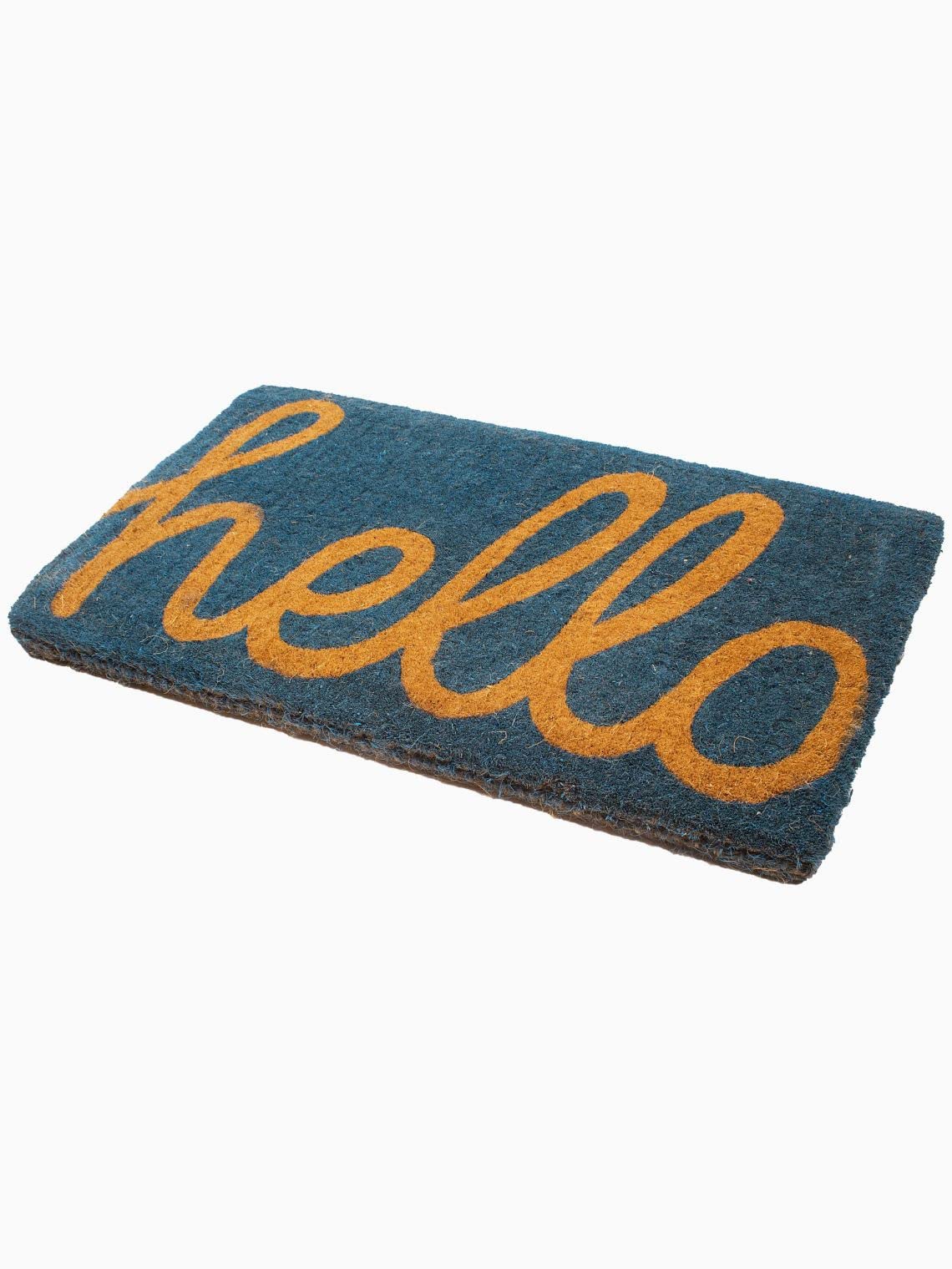 Fab Habitat Non Slip Doormat - Durable, Thin - Natural Coir & Rubber - Entryway, Front Door, Porch, Patio - Cursive Hello Dark B