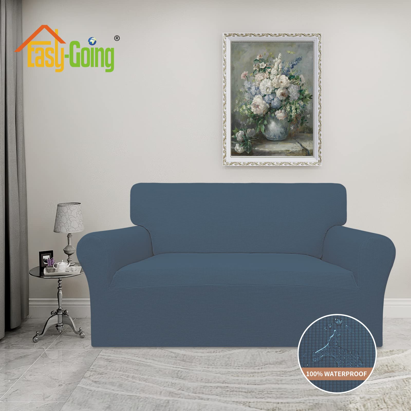 Easy-Going 100% Waterproof Oversized Loveseat Couch Cover, Dual Waterproof Sofa Cover, Stretch Jacquard Sofa Slipcover, Leakproof Furniture Protector For Kids, Pets, Dog And Cat, Bluestone