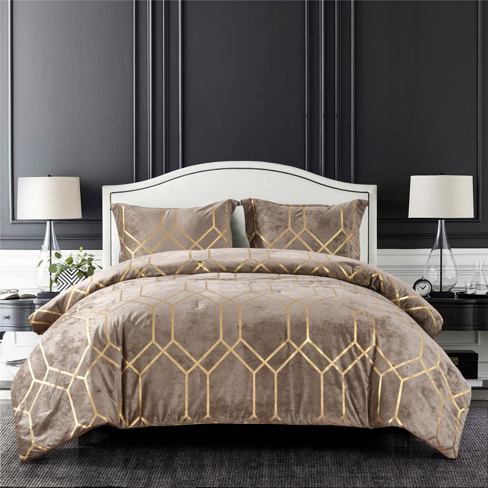 Sunshine Nicole Metallic Print Comforter Set, Distressed Velvet Face With Metallic Print And Brushed Solid Microfiber Reverse, W