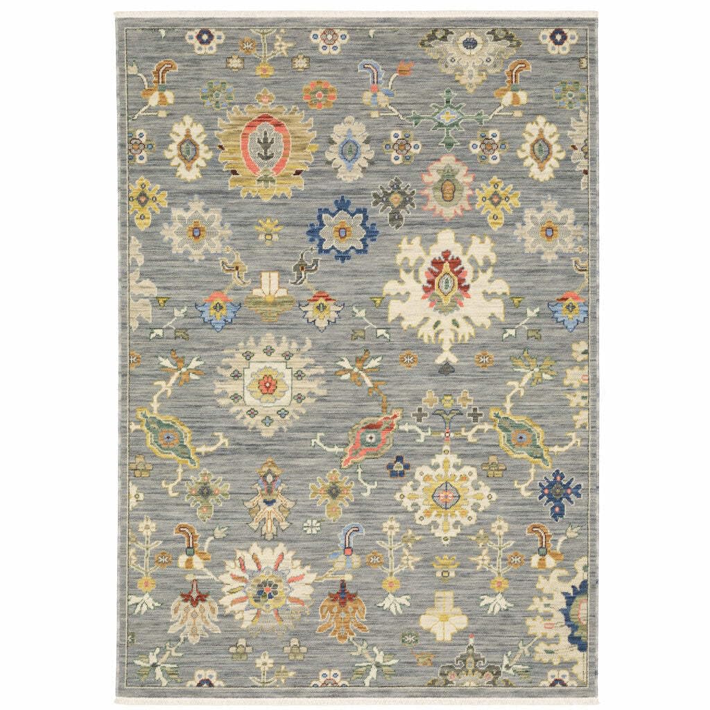 HomeRoots 509322 8 x 11 ft. Gray Ivory Gold Salmon Red Blue & Green Oriental Power Loom Stain Resistant Rectangle Area Rug with Fringe