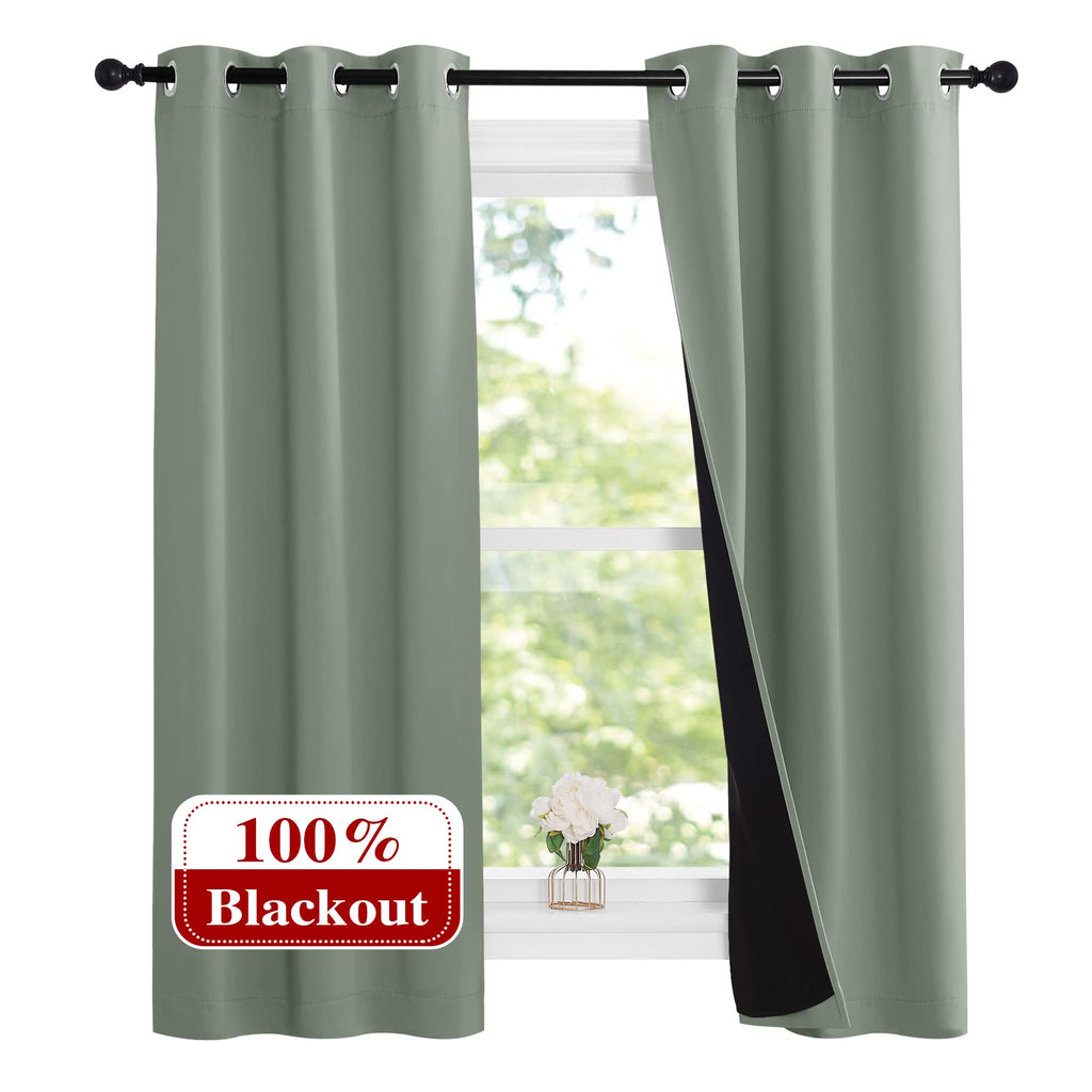 Nicetown Greyish Green 100% Blackout Lined Curtains, 2 Thick Layers Narrow Wide Window Treatment Panels Thermal Insulated Drapes For Kitchen Small Window (1 Pair, 37' Width X 63' Length Each Panel)