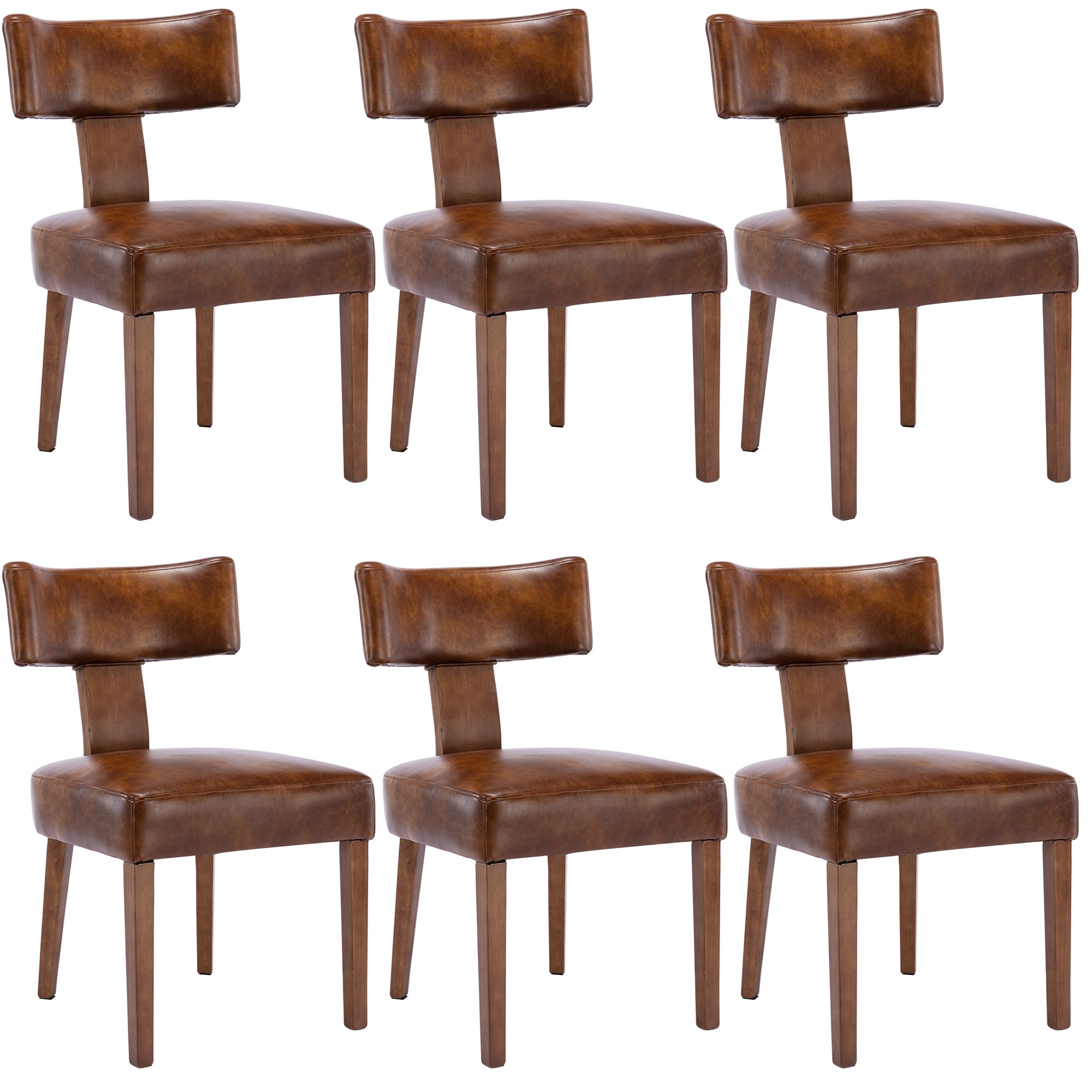 Wahson Farmhouse Kitchen & Dining Room Chairs Set Of 6, Retro Faux Leather Upholstered Dining Chair With Hardwood Legs, Brown
