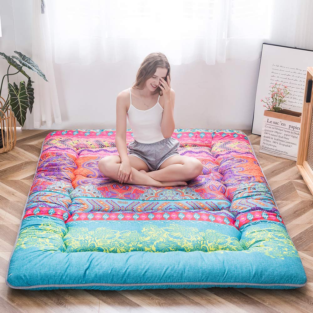 MAXYOYO Bohemian Retro Floor Mattress Boho Floral Style Japanese Futon Tatami Mat Foldable Bed Portable Camping Sleeping Pad Lou
