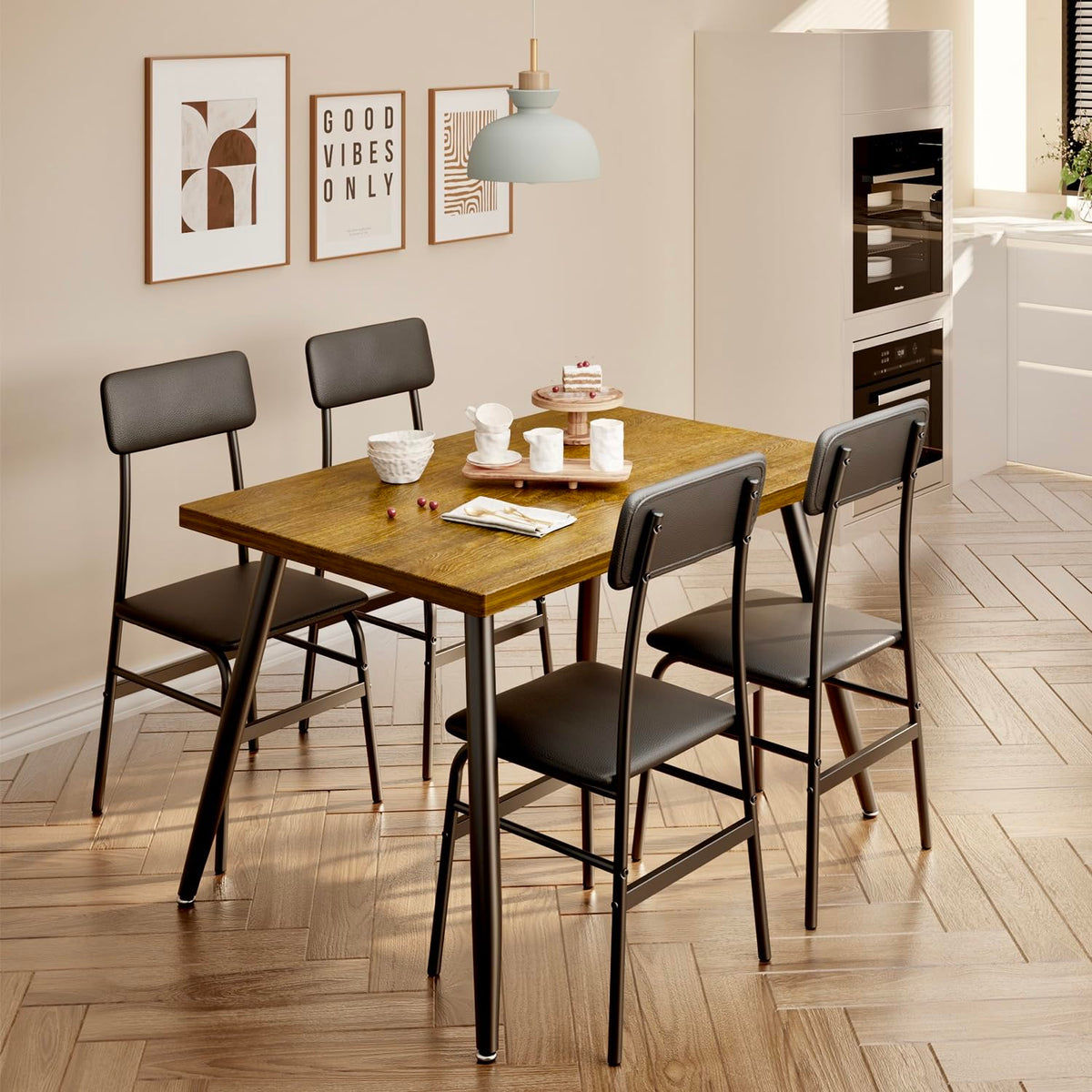 Gizoon 5 Piece Dining Table Set For 4, Modern Metal & Wood Kitchen Dinner Table With 4 Chairs, Space-Saving Dining Room Furnitur