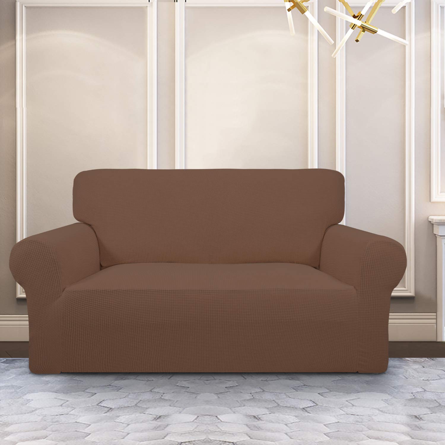 Purefit Stretch Loveseat Sofa Slipcover – Spandex Jacquard Non Slip Soft Couch Sofa Cover, Washable Furniture Protector With Non Skid Foam And Elastic Bottom For Kids (Loveseat, Brown)