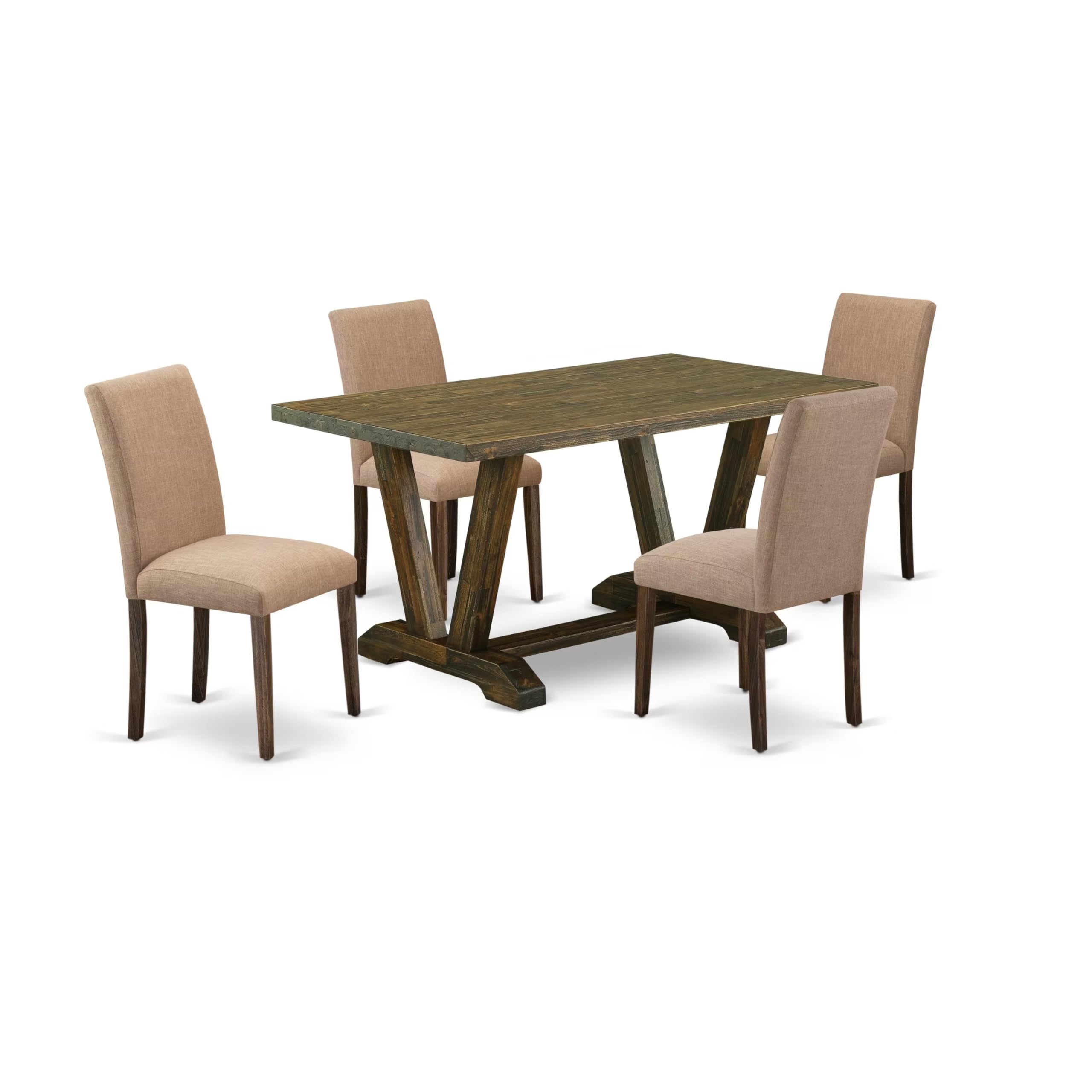 East West Furniture V776Ab747-5 5 Piece Kitchen Table & Chairs Set Includes A Rectangle Dining Room Table With V-Legs And 4 Light Sable Linen Fabric Parsons Chairs, 36X60 Inch, Multi-Color
