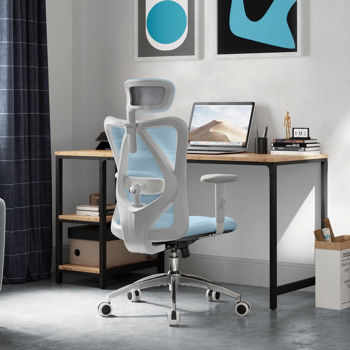 Sihoo M18 Ergonomic Office Chair, Computer Desk Chair With Adjustable Headrest And Lumbar Support, High Back Executive Swivel Chair For Home Office (Light Blue)
