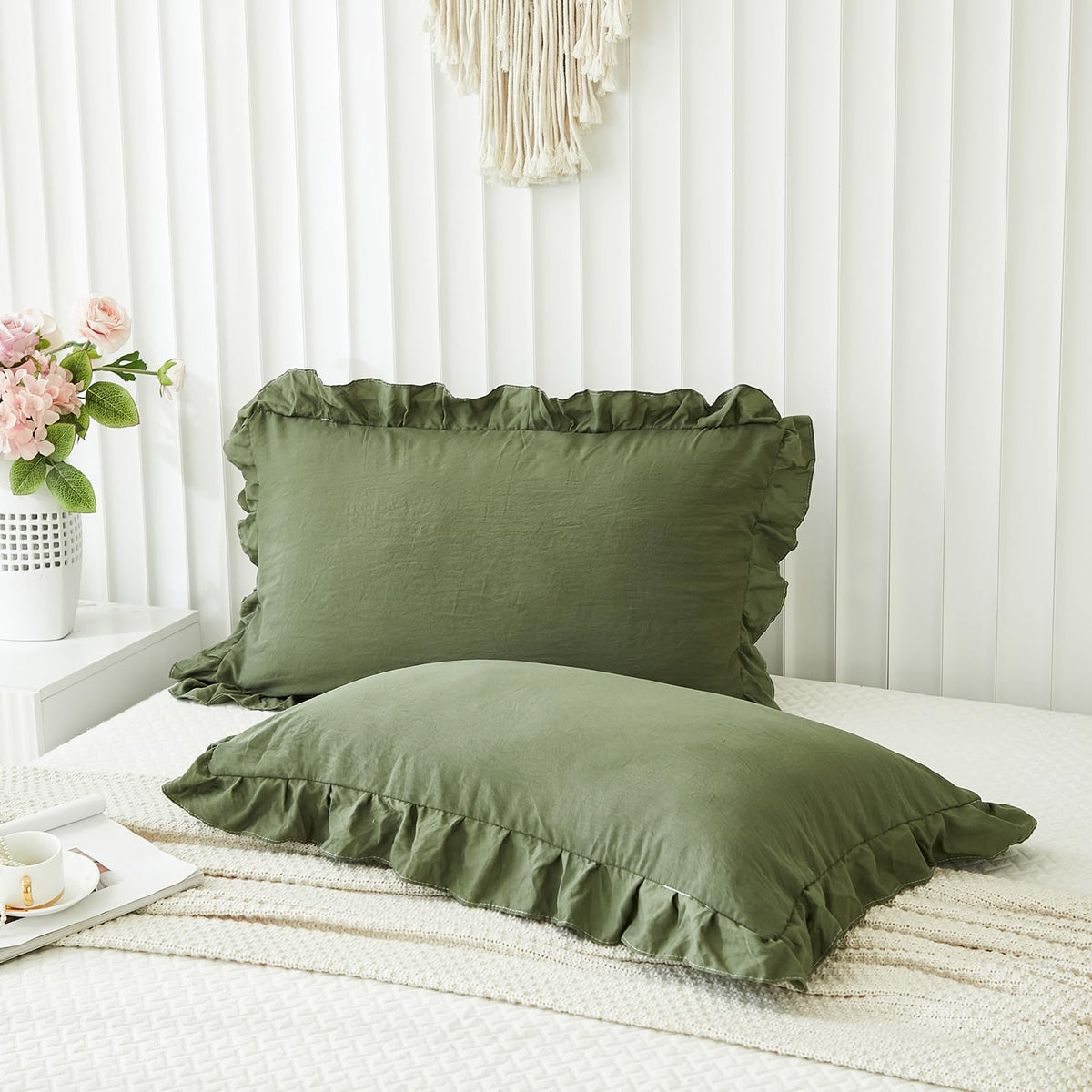 Olive Green Pillow Shams Dark Green Ruffle Standard Pillowcases Cute Pillow Cover Set Of 2 Shabby Chic Soft Microfiber Pillowcas