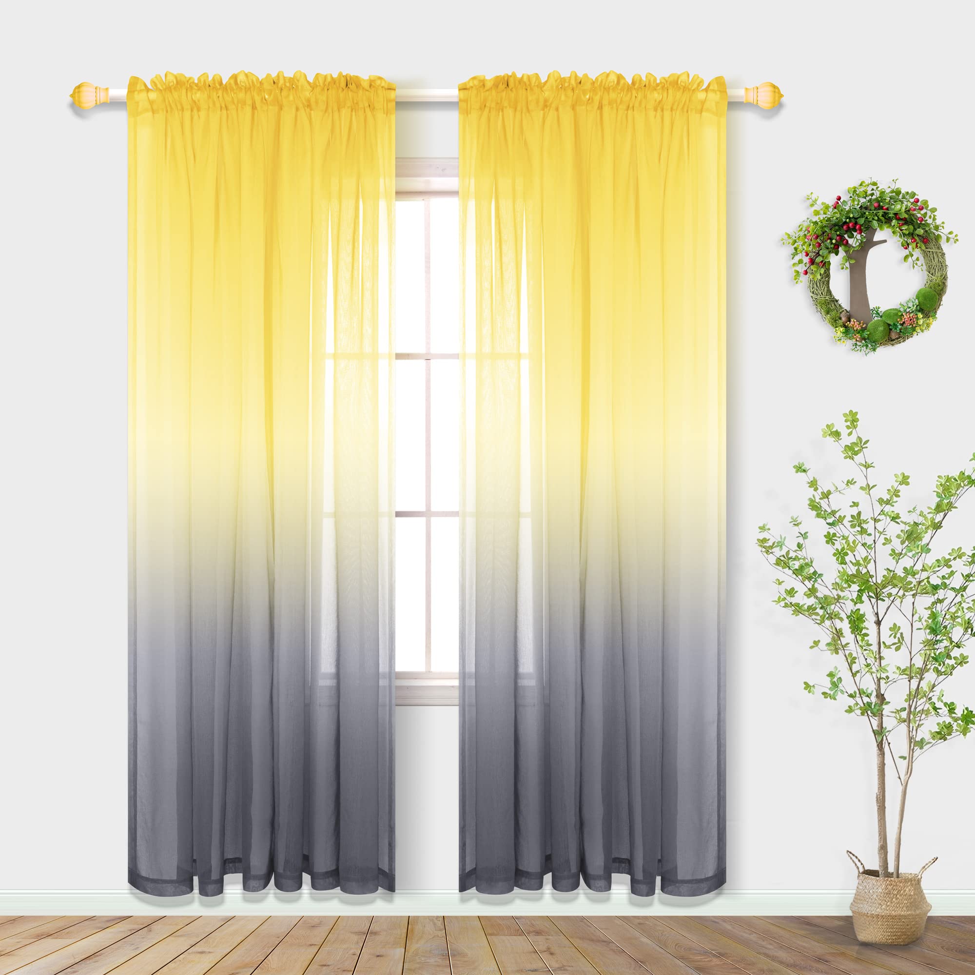 Spring Sheer Curtains For Living Room With Rod Pocket Window Treatments Decor 84 Inch Length Bedroom Curtain Set Of 2 Panels Yel
