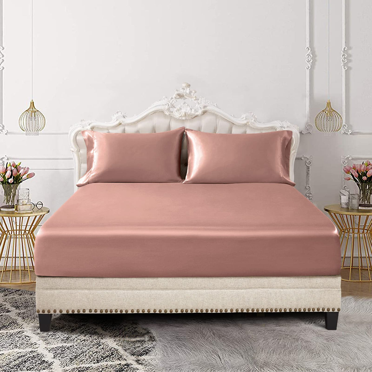 Siinvdabzx 3-Piece Set Satin Queen Fitted Sheet & 2 Pillowcase, Champagne Silky Soft Fitted Bottom Sheet, Wrinkle Free, Fade Res