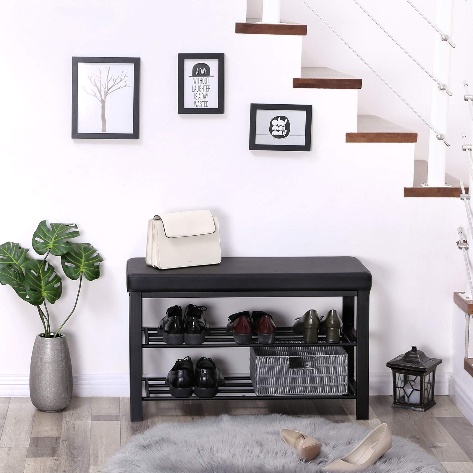 Songmics Shoe Bench, 3-Tier Shoe Rack For Entryway, Storage Organizer With Foam Padded Seat, Faux Leather, Metal Frame, For Living Room, Hallway, 12.2 X 31.9 X 19.3 Inches, Black Ulbs58H