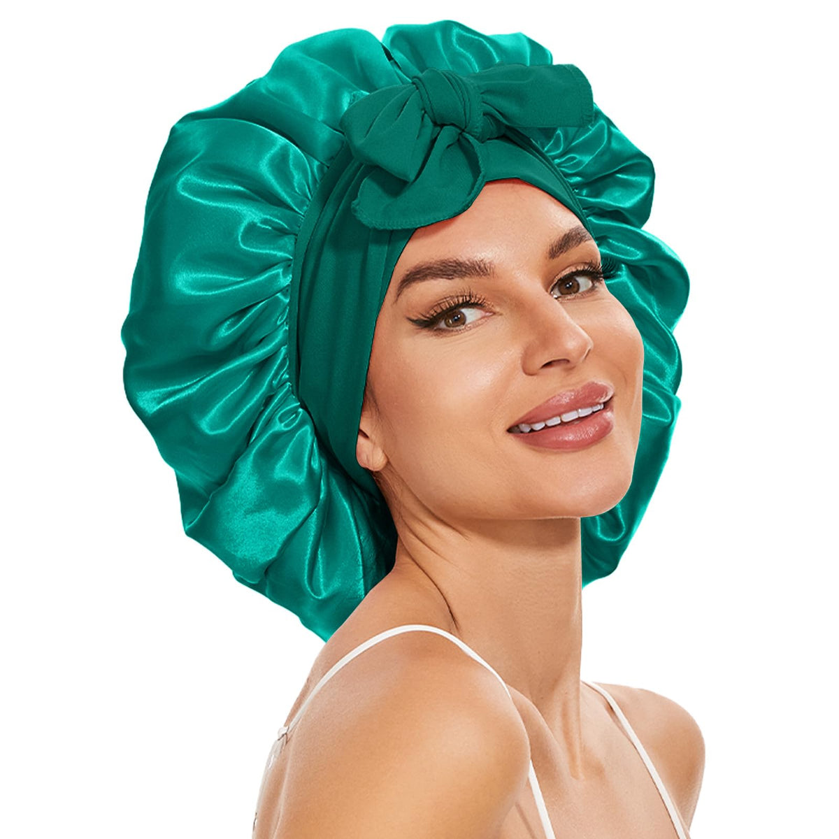 Silk Bonnet for Sleeping Women, Large Silk Hair Bonnet for Sleeping, Satin Hair Bonnet for Sleeping with Tie Band Green