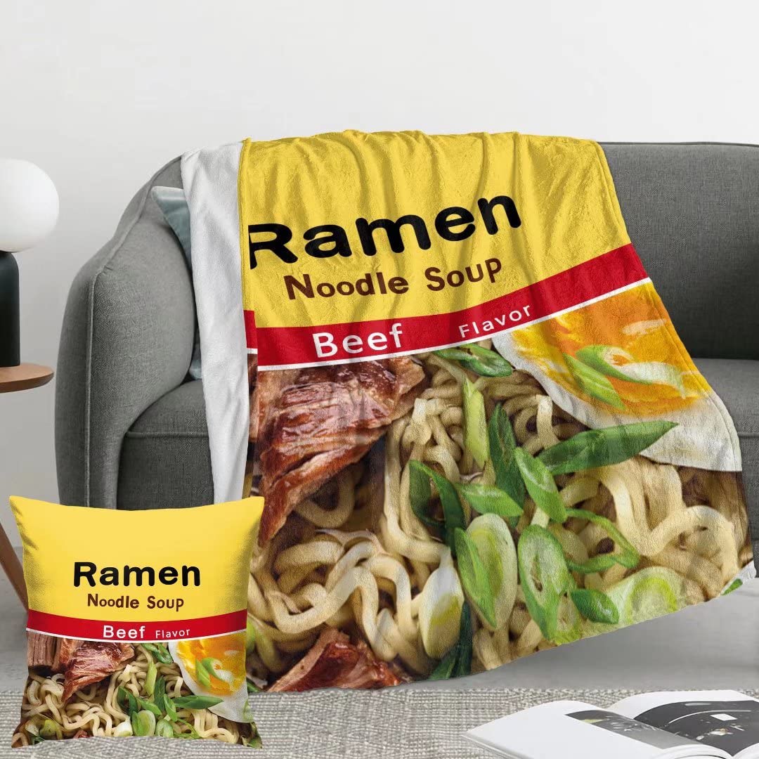 Ramen Throw Blanket 50X40 Inch, Ramen Noodle Soup Beef Flavor Beef Lightweight Soft Microfiber Throw Blanket With 18X18 Inch Pil