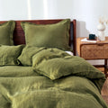 Simple&Opulence 100% Linen Duvet Cover Set 2Pcs Basic Style Natural French Washed Flax Solid Color Soft Breathable Farmhouse Bedding With Button Closure - Olive Green, Twin