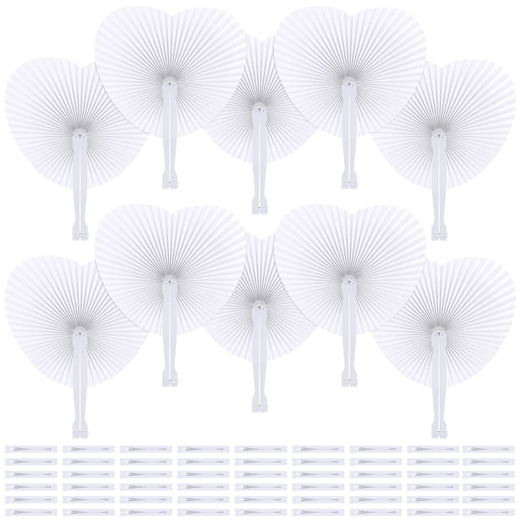 Aodaer 100 Pack Heart Shaped Folding Fans White Paper Fans Handheld Fans with Plastic Handles for Party, Wedding, Anniversary De