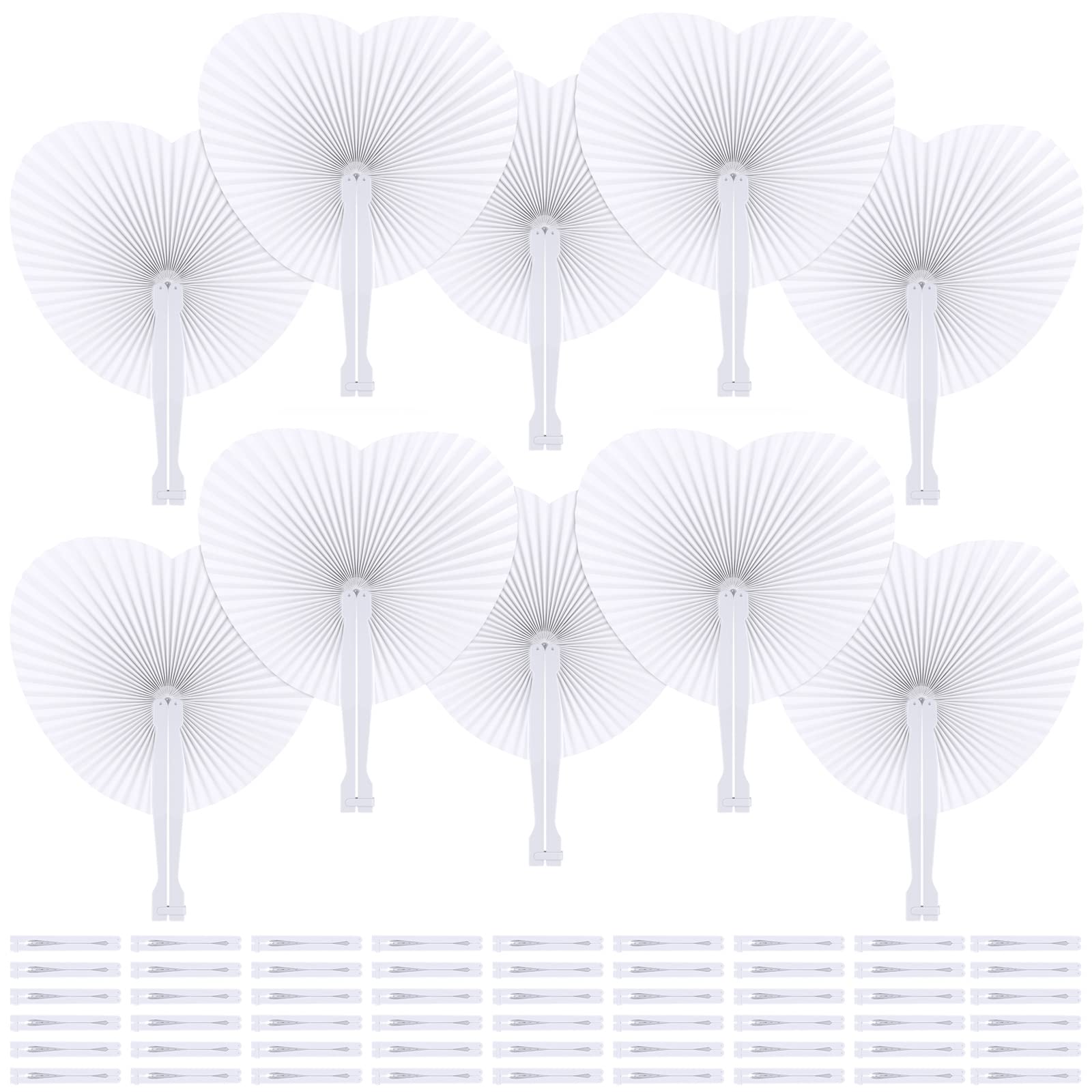 Aodaer 100 Pack Heart Shaped Folding Fans White Paper Fans Handheld Fans with Plastic Handles for Party, Wedding, Anniversary De