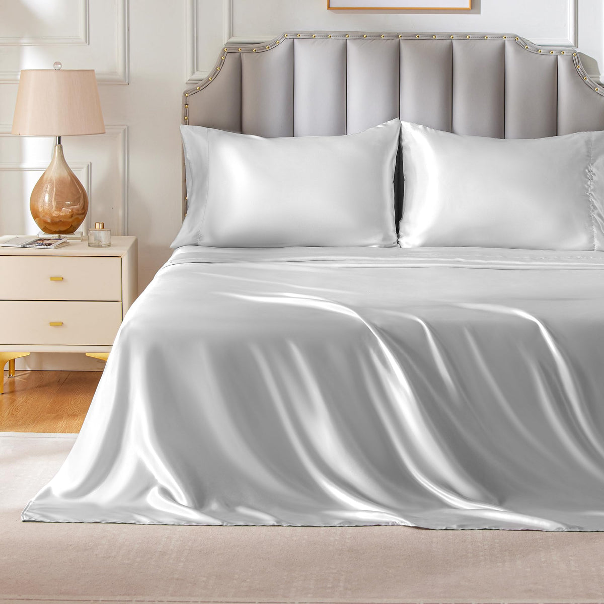 Freshculture Satin Sheets Twin Xl Size, Silky Soft Satin Bed Sheets, 3 Psc Silver Grey Satin Sheets With Deep Pocket, Similar To