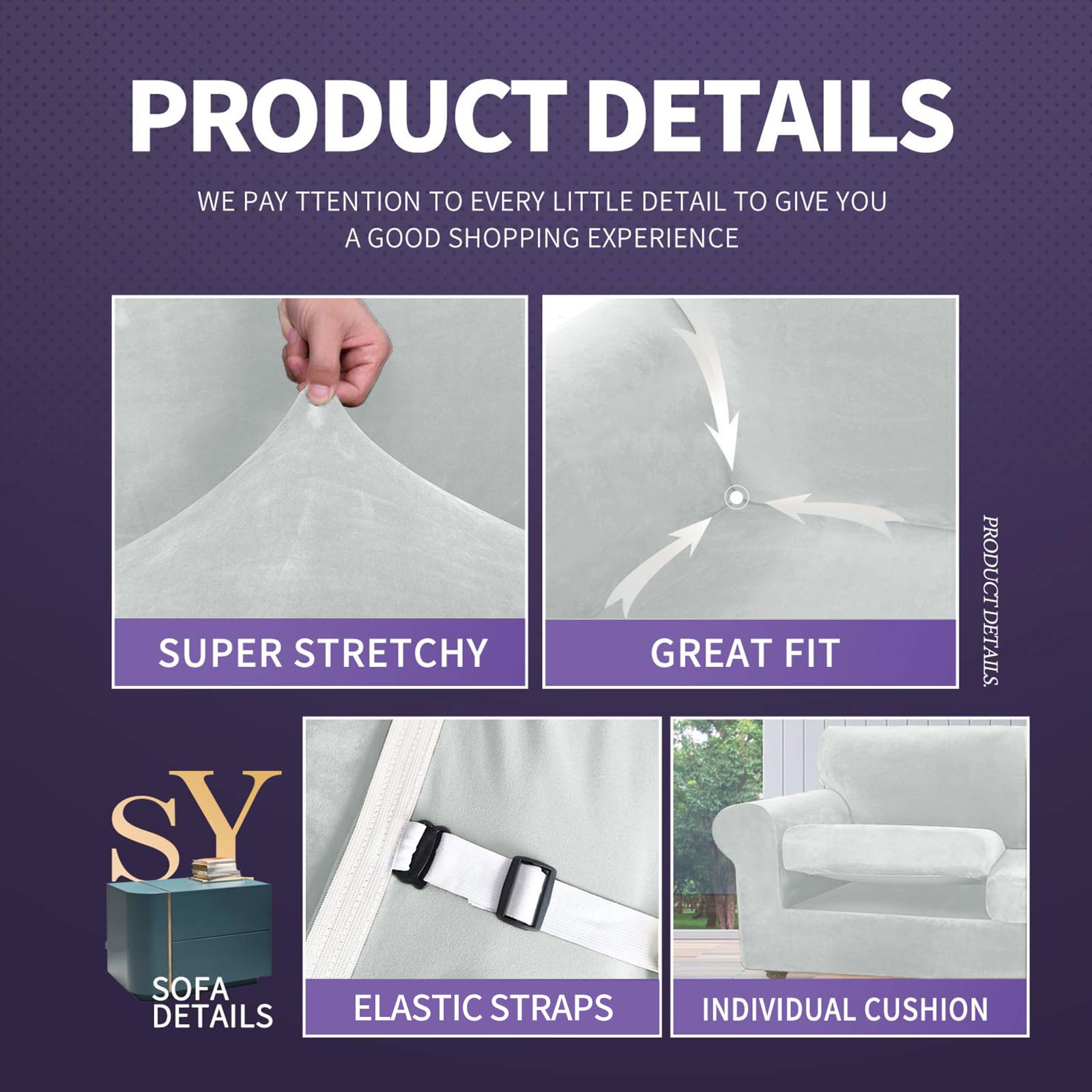 Znsayotx Luxury Velvet Sofa Cover 3 Piece (57'-70') Stretch Loveseat Covers For 2 Cushion Couch Thick Soft Couch Slipcover With Non Slip Strap, Dog Pet Friendly Nice Furniture Protector (Silver Grey)