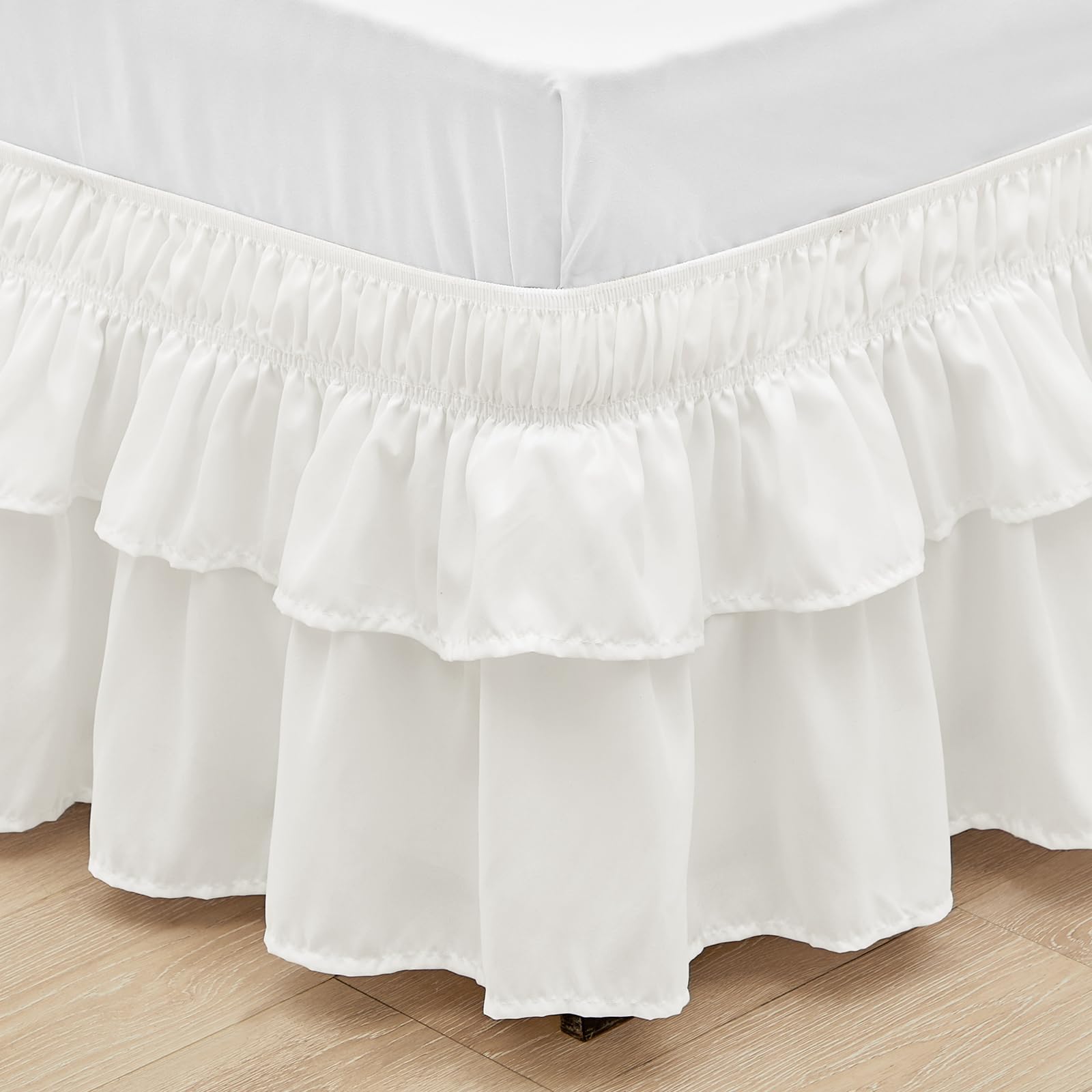 Rimela Ruffle Bed Skirt Ivory Queen 16 Inch Drop, Elastic Wrap Around Bed Skirting Queen Size, Easy To Install Dust Ruffle, Mach