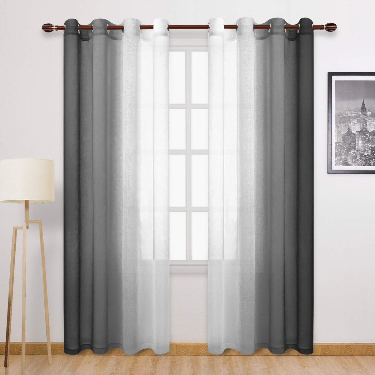 Dwcn Black Ombre Faux Linen Sheer Curtains - Gradient Semi Voile Grommet Top Bedroom And Living Room Curtains, 52 X 96 Inches Lo