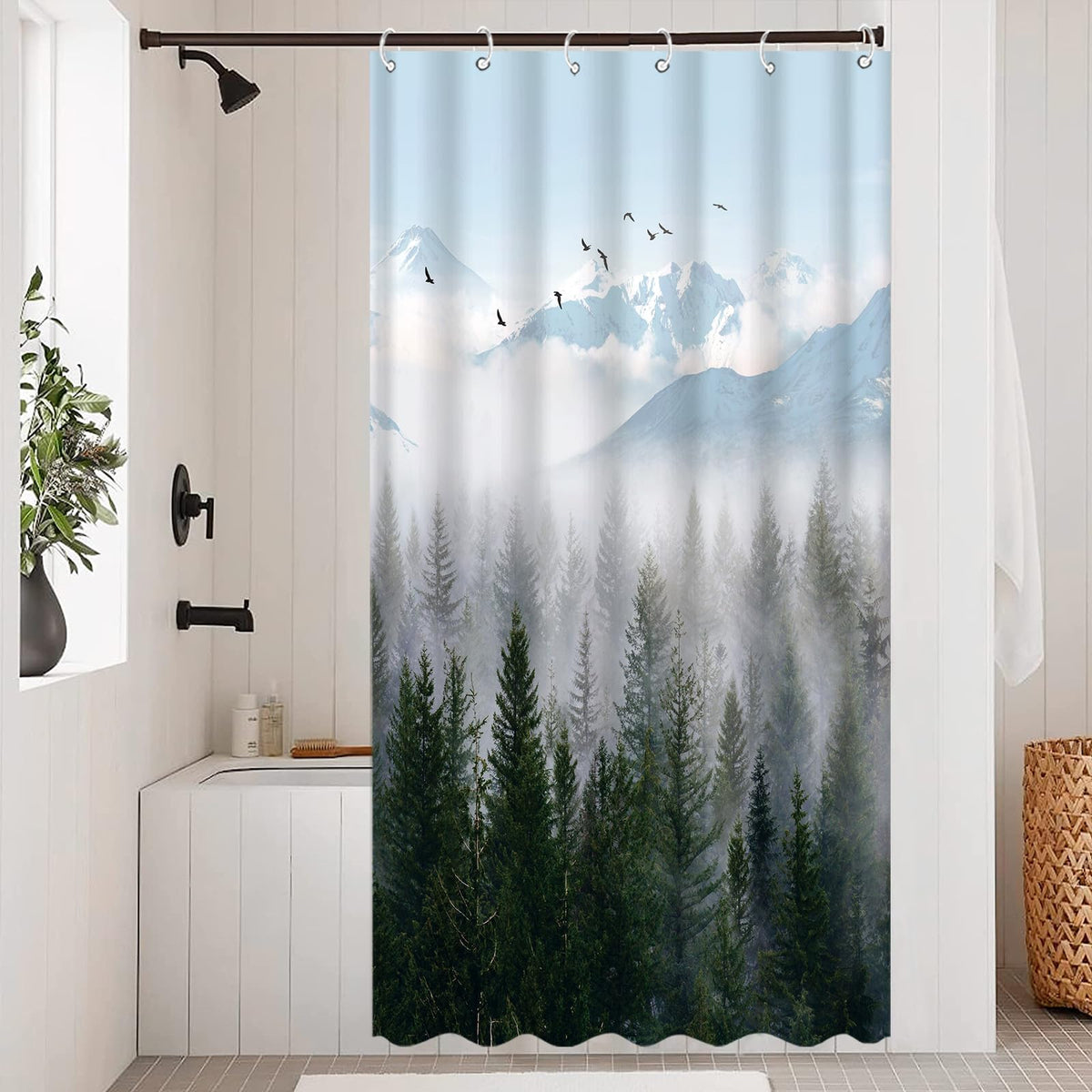 Zussun Stall Green Misty Forest Shower Curtain Nature Foggy Tree Mountain Shower Curtains For Bathroom Waterproof Fabric Woodlan