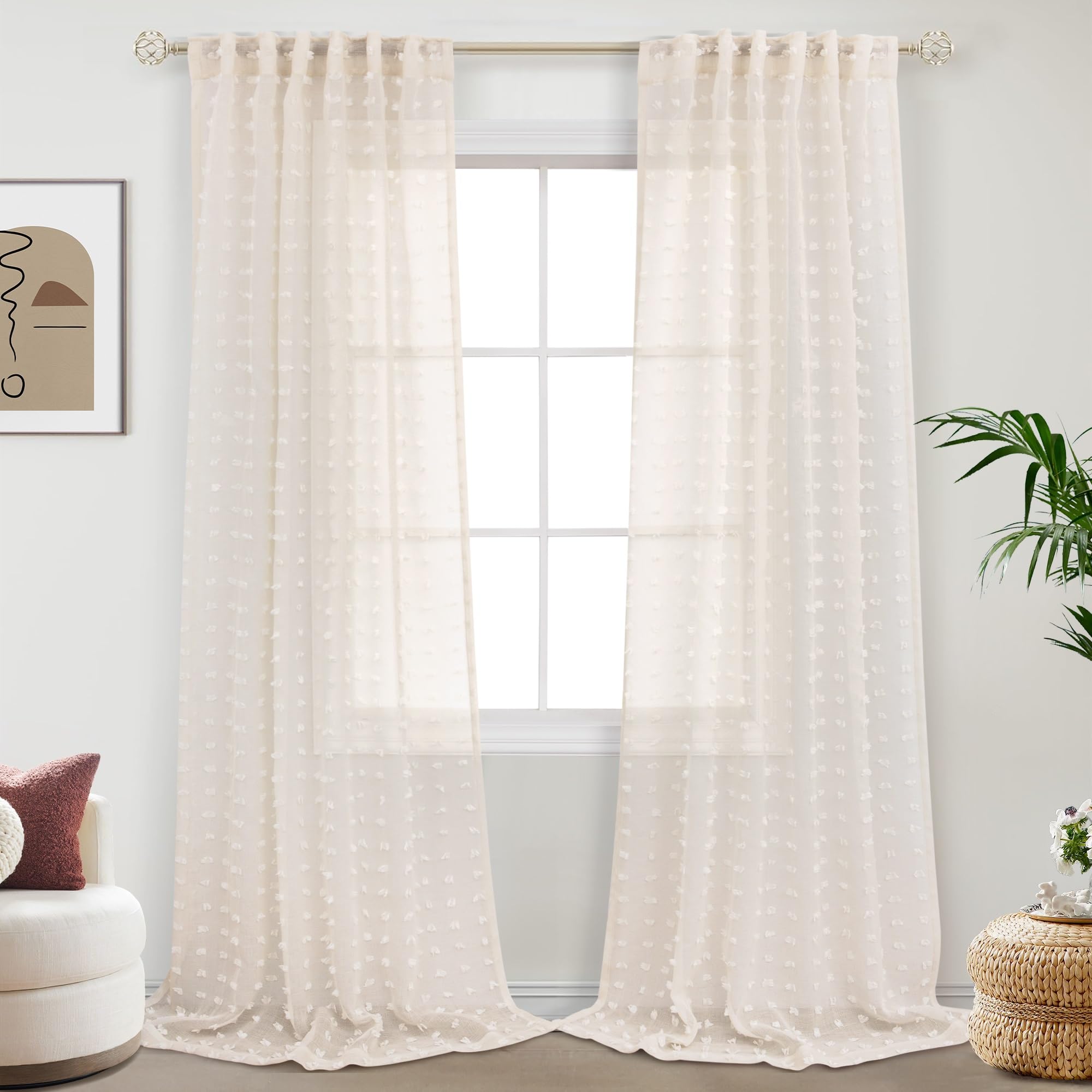 Dancurton Beige Sheer Curtains 108 Inch Length For Bedroom Living Room Natural Farmhouse Boho Semi Sheer Curtain Light Beige Bac