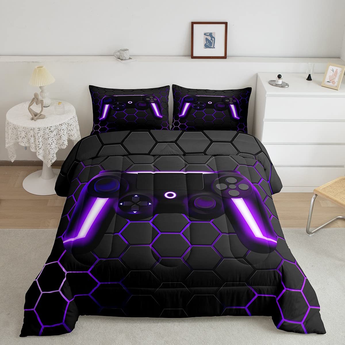 Erosebridal Gaming Comforter Set For Boys Gamer Comforter,Game Contoller Bedding Home Decor For Kids Men Video Game Bed Set,Neon Lights Gamepad Duvet Set,Purple Grey Hexagon Honeycomb Bedding,Queen