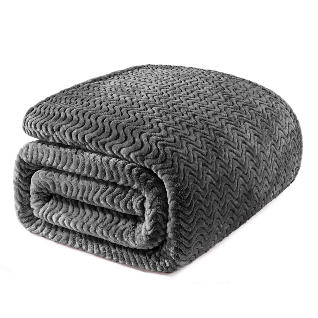Exclusivo Mezcla Grey Fleece Twin Size Blanket For Bed, Super Soft Cozy Blankets With Decorative Wave Textured, Lightweight Plus