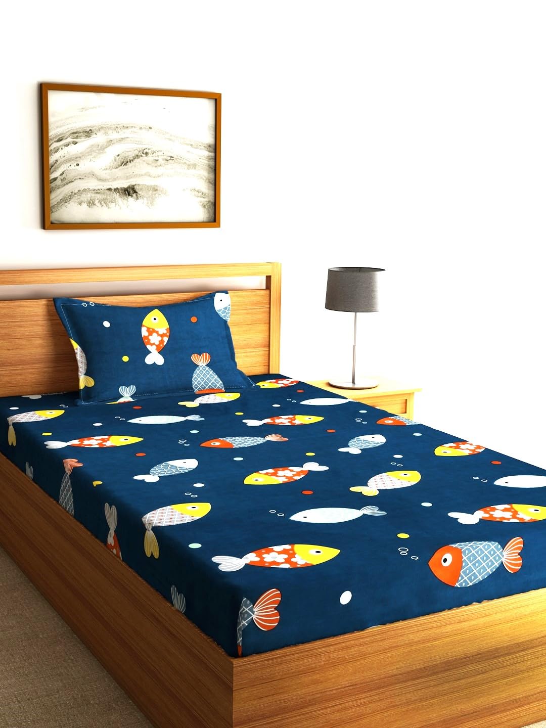 Home Sizzler Cartoon 144 Tc Microfibre KidS Fishes Single Bedsheet With 1 Pillow Cover, Blue