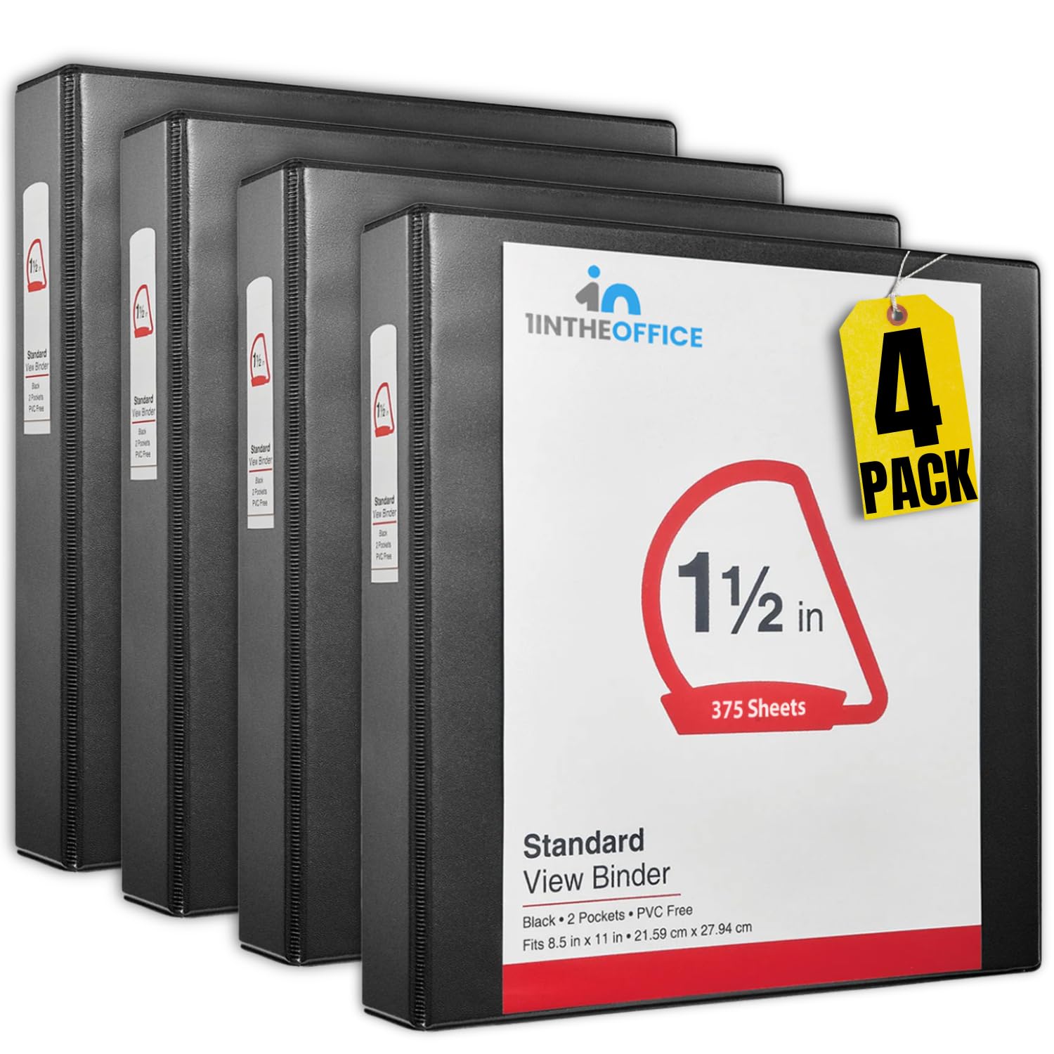 1Intheoffice 3 Ring Binders, 1.5 Inch Binders 3 Ring, D Ring Binder, Holds 375 Sheets, Fits 8.5' X 11' Paper, Black, 4 Pack