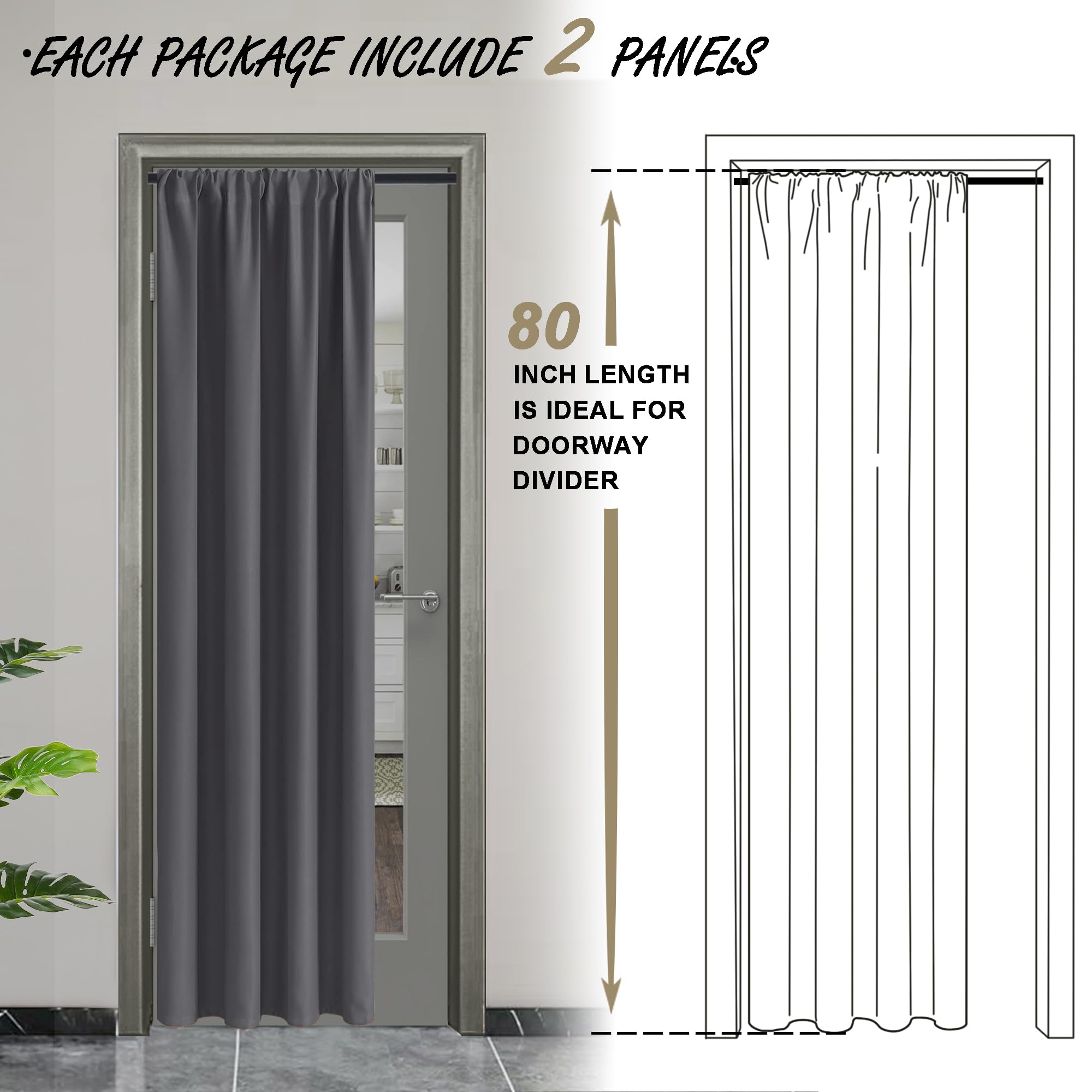Jiuzhen Blackout Doorway Curtains 80 Inch Length - 2 Panels Thermal Insulated Privacy Soundproof Rod Pocket Closet Door Curtains Room Divider For Bedroom,Office, 42 X 80 Inches, Dark Grey