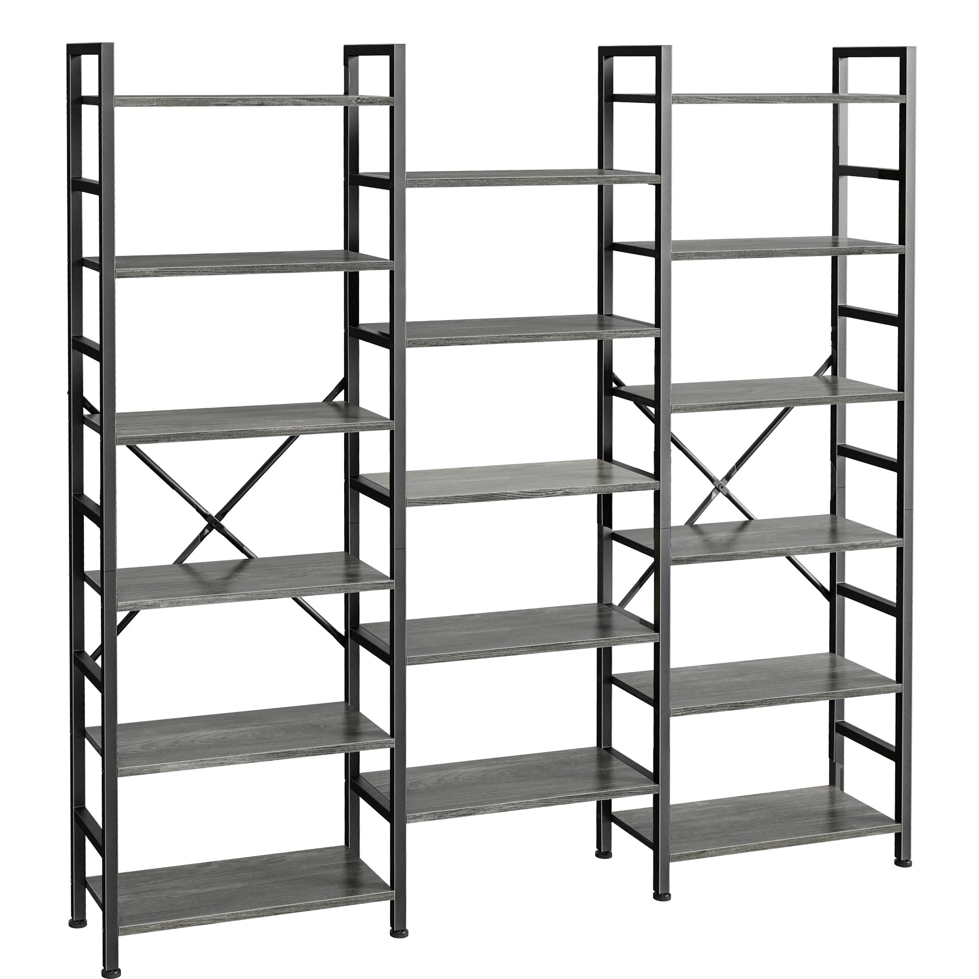 Superjare Triple 6 Tier Bookshelf, Bookcase With 17 Open Display Shelves, Wide Book Shelf Book Case For Home & Office, Grey