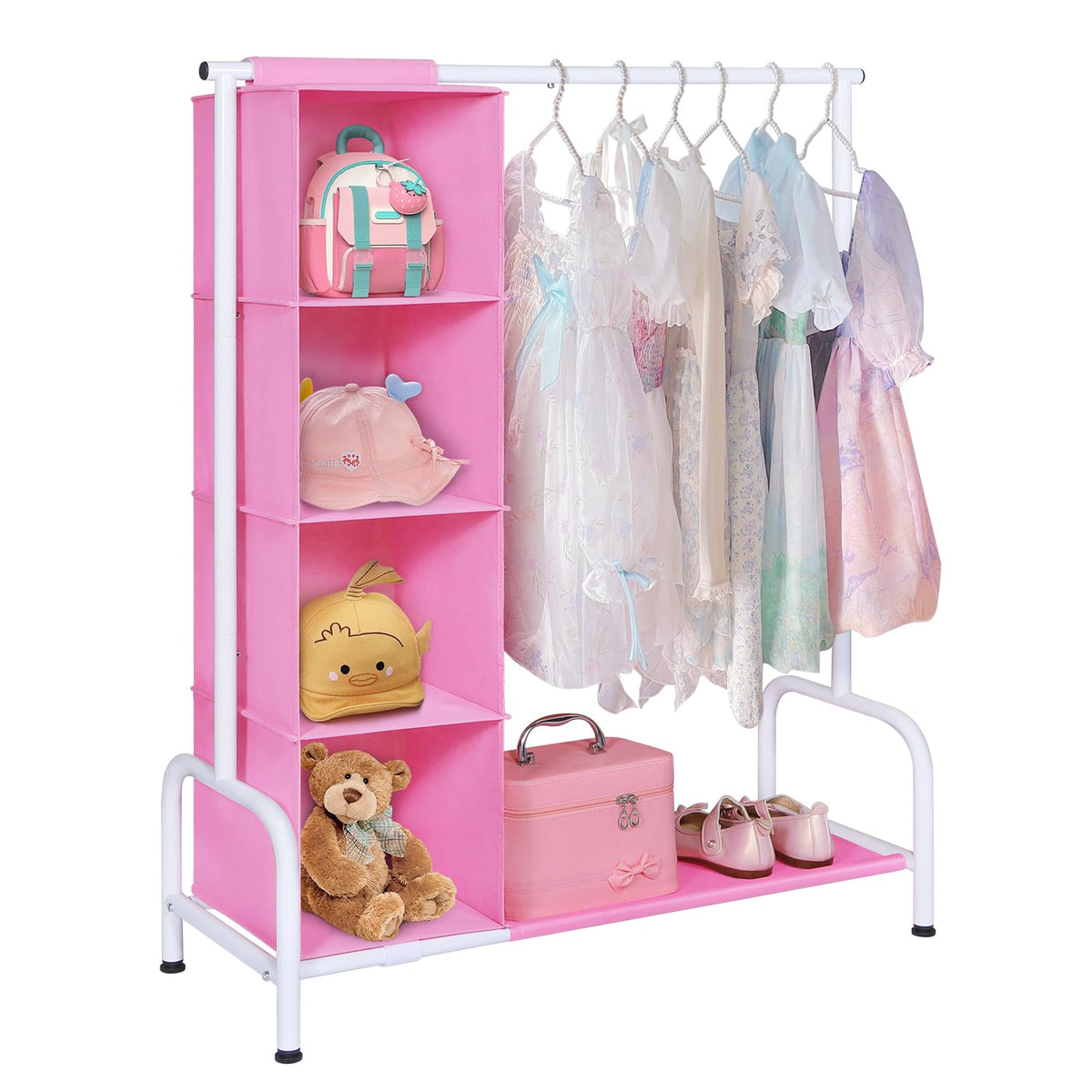 Univivi Kids Clothing Rack with Hanging Organizer, 43 Inch, Pink and White