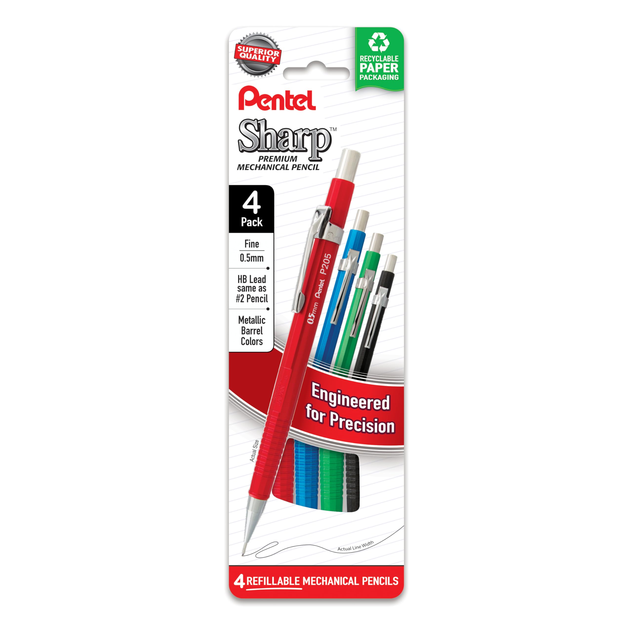 Pentel Sharp Metallic Mechanical Pencil, (0.5Mm), Fine Line, Assorted Colored Barrels, Pack Of 4 (P205Mpf4M)