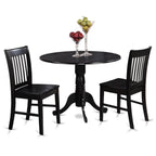 East West Furniture Dublin 3 Piece Kitchen Set for Small Spaces Contains a Round Dining Room Table with Dropleaf and 2 Solid Wood Seat Chairs, 42x42 Inch, DLNO3-BLK-W